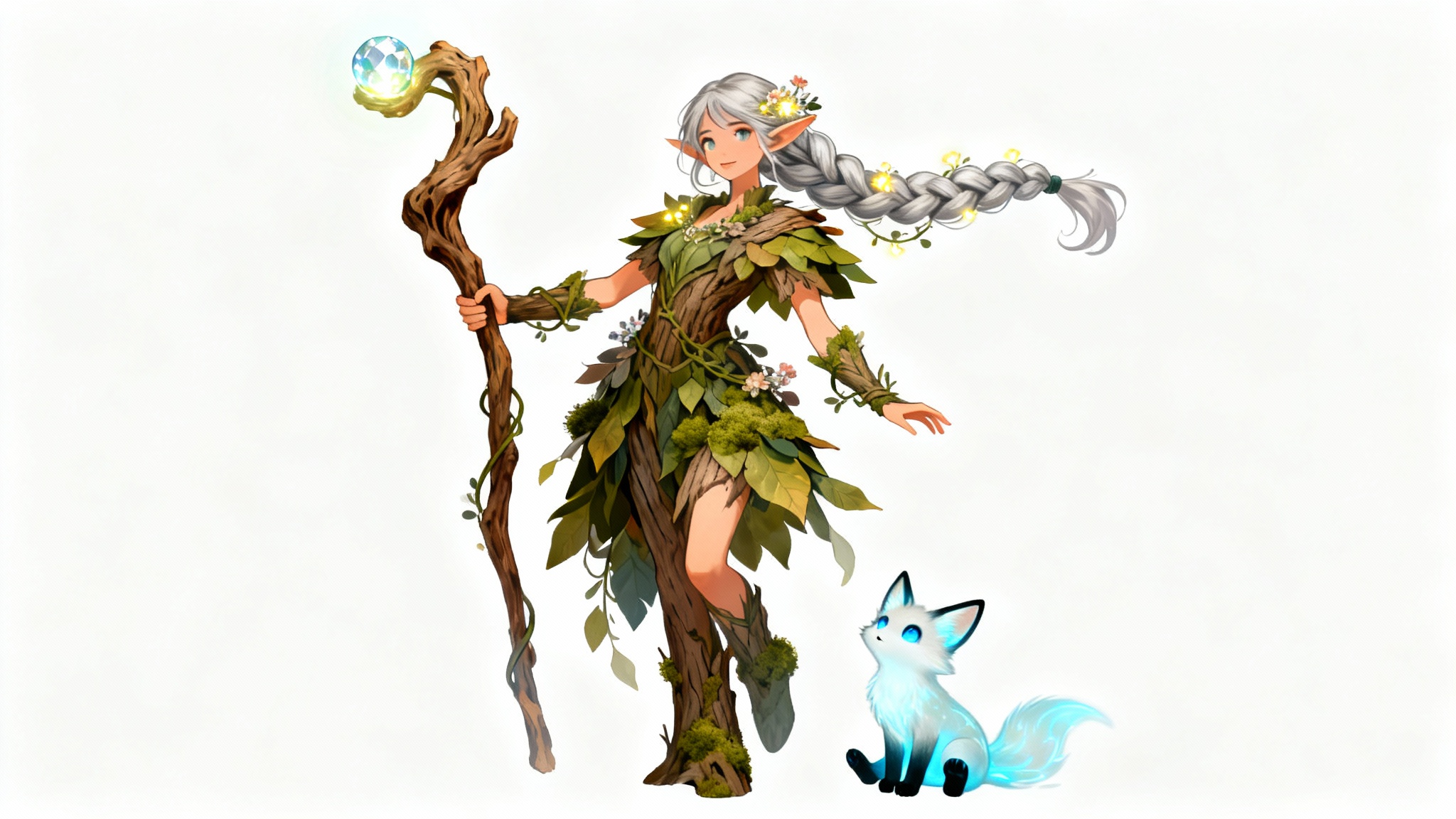 A detailed digital character drawing of a female wood elf druid holding a glowing staff, accompanied by a small spirit fox, presented as concept art on a clean white background.