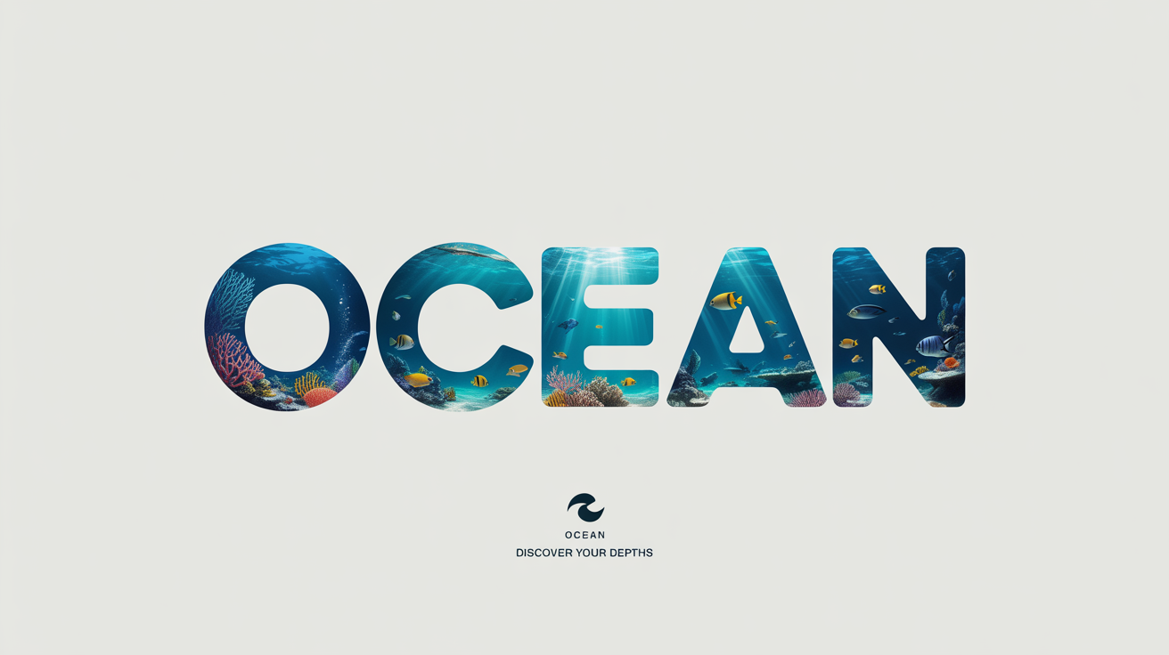 A graphic design image showing the word 'OCEAN' in a bold font. The letters are filled with a vibrant photograph of an underwater coral reef scene, set against a plain white background to demonstrate a clipping mask effect.