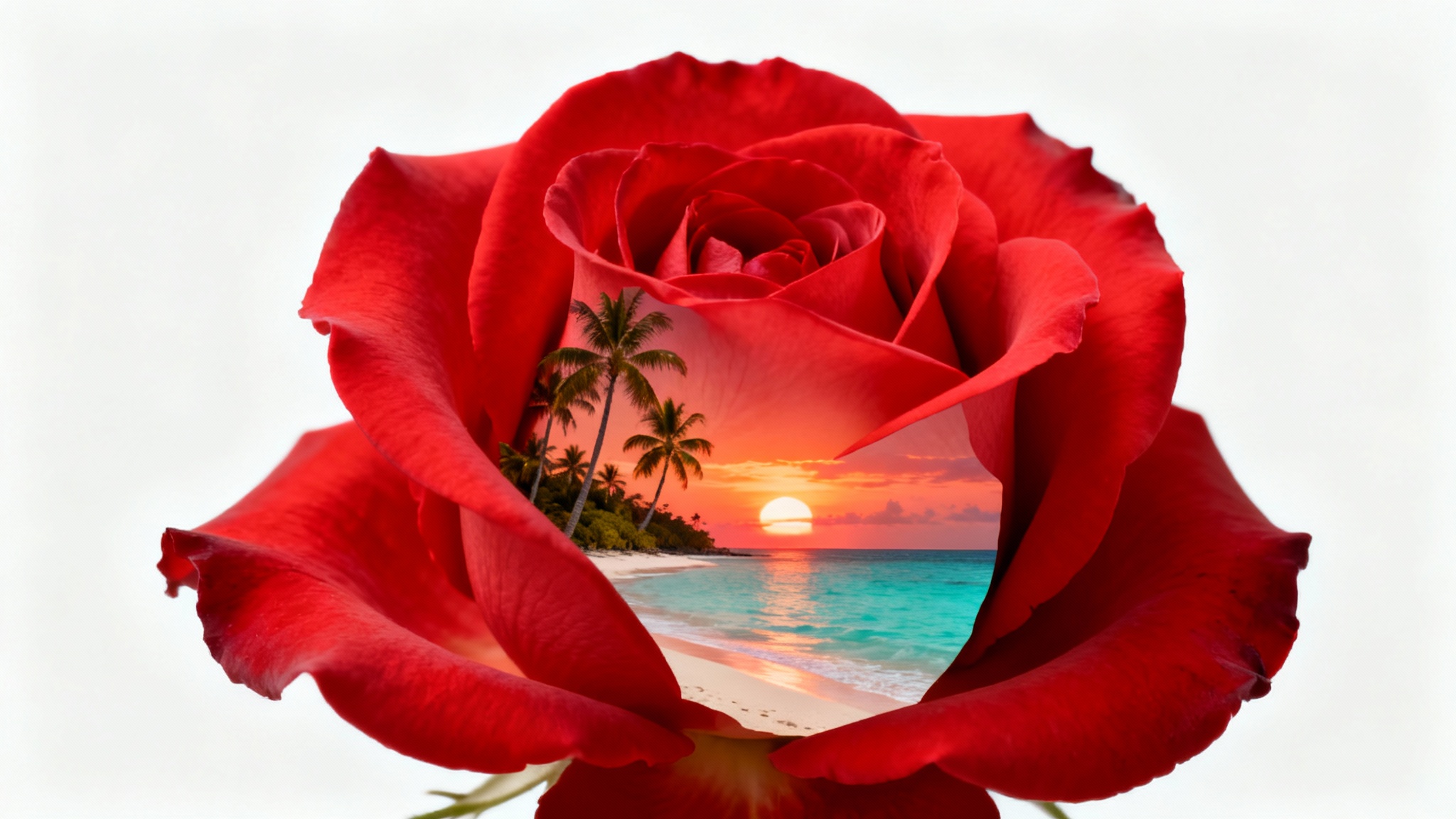A photorealistic image demonstrating a clipping mask effect, where a vibrant tropical beach scene is perfectly contained within the shape of a detailed red rose, all set against a clean white background.