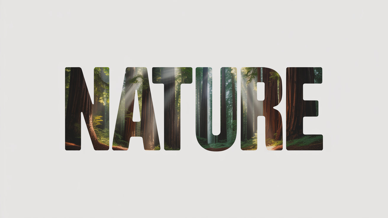 A demonstration of a clipping mask effect, showing the word 'NATURE' with a photorealistic image of a forest with tall trees and sunlight filling the letters, set against a plain white background.