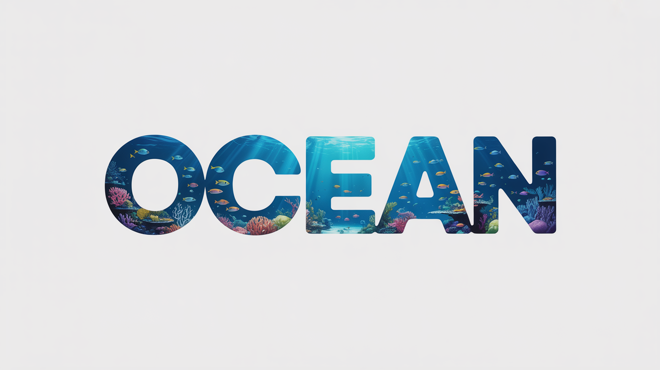 A visual demonstration of a clipping mask, showing the word 'OCEAN' filled with a photorealistic underwater scene of a coral reef, set against a plain white background.