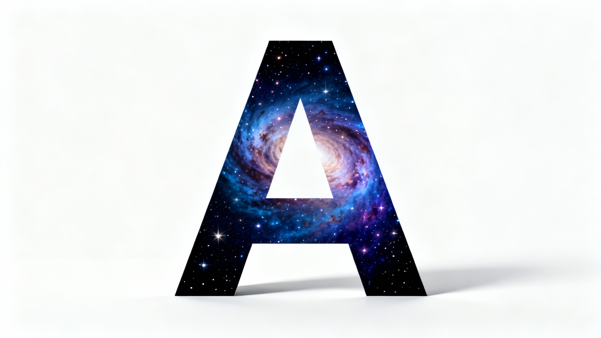 A demonstration of a clipping mask, showing the letter 'A' filled with a vibrant image of a colorful galaxy, set against a clean white background.