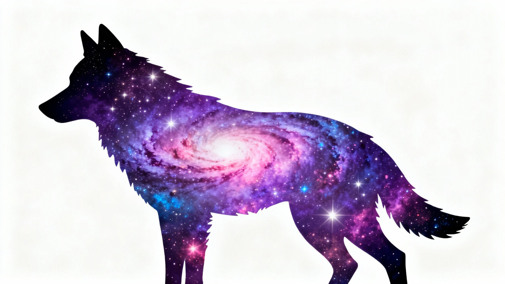 A demonstration of a clipping mask effect, showing the silhouette of a howling wolf filled with a vibrant image of a galaxy nebula, all set against a clean white background.