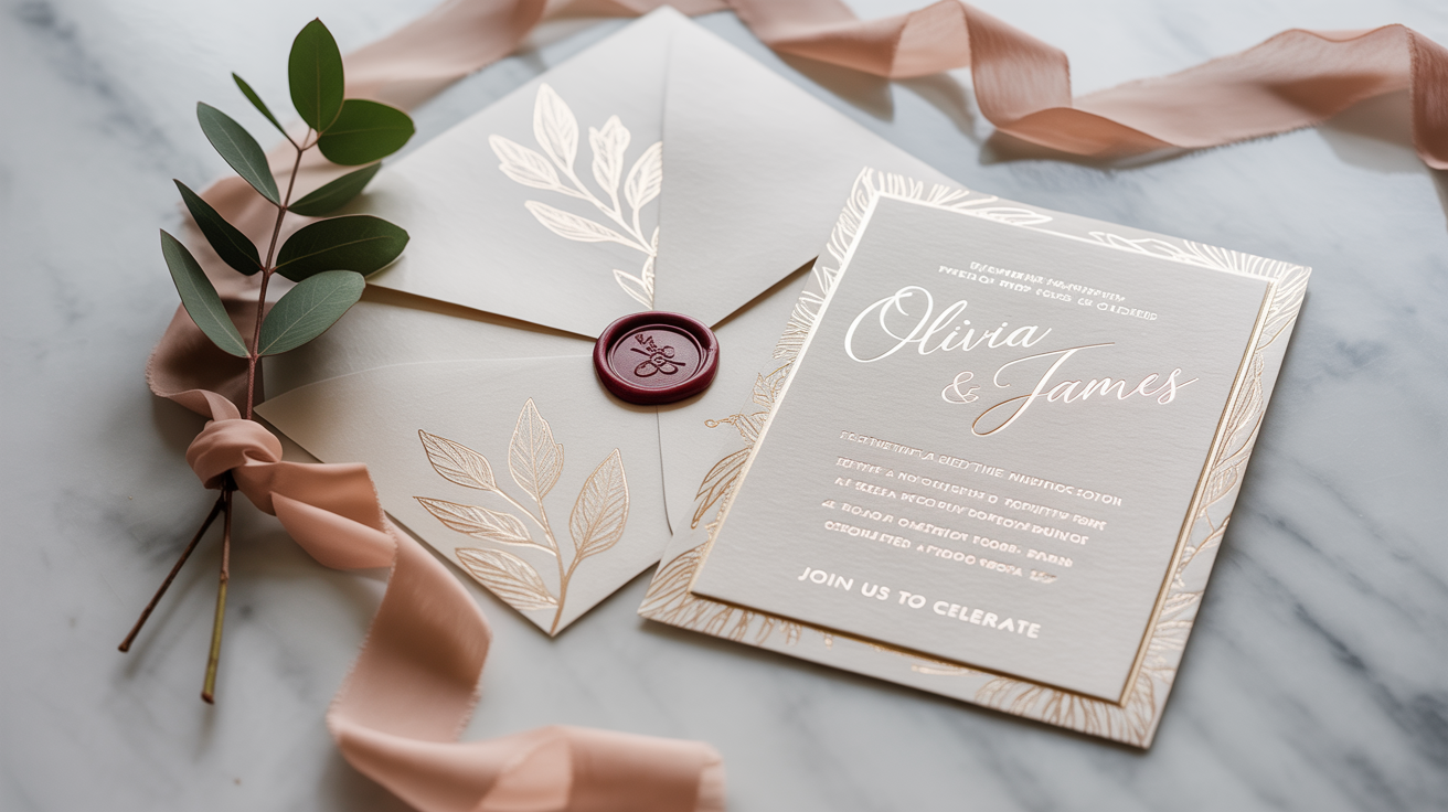 An elegant flat lay of a wedding invitation suite. The cards feature intricate gold foil botanical line art and text reading 'Olivia & James'. They are arranged on a white marble background with a eucalyptus sprig and a silk ribbon, representing a final, polished design.