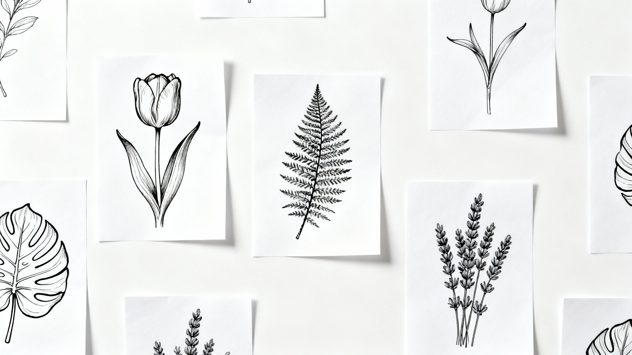 A clean, modern mockup showcasing four distinct botanical line art drawings in black ink against a white background, featuring a tulip, fern, monstera leaf, and lavender.