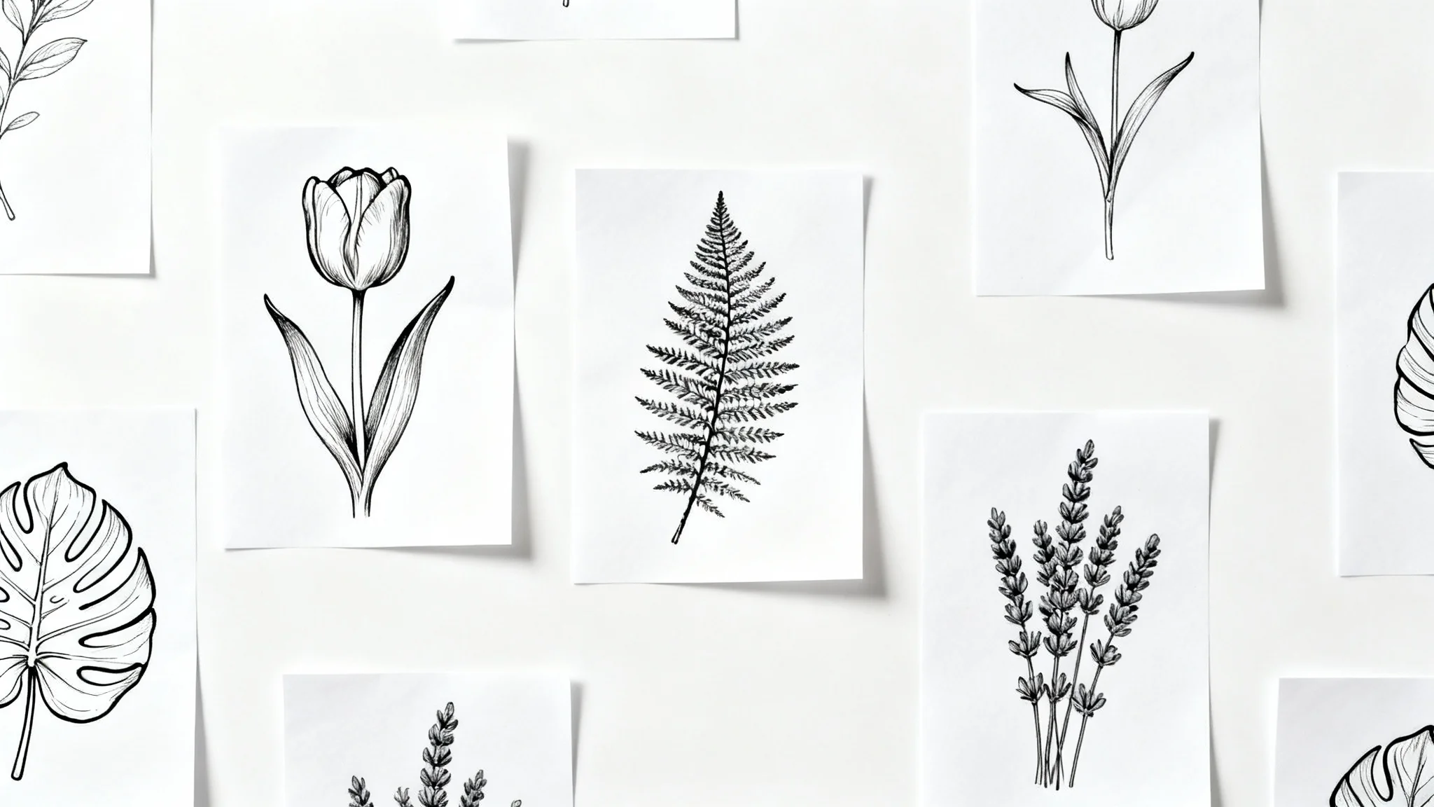 A clean, modern mockup showcasing four distinct botanical line art drawings in black ink against a white background, featuring a tulip, fern, monstera leaf, and lavender.