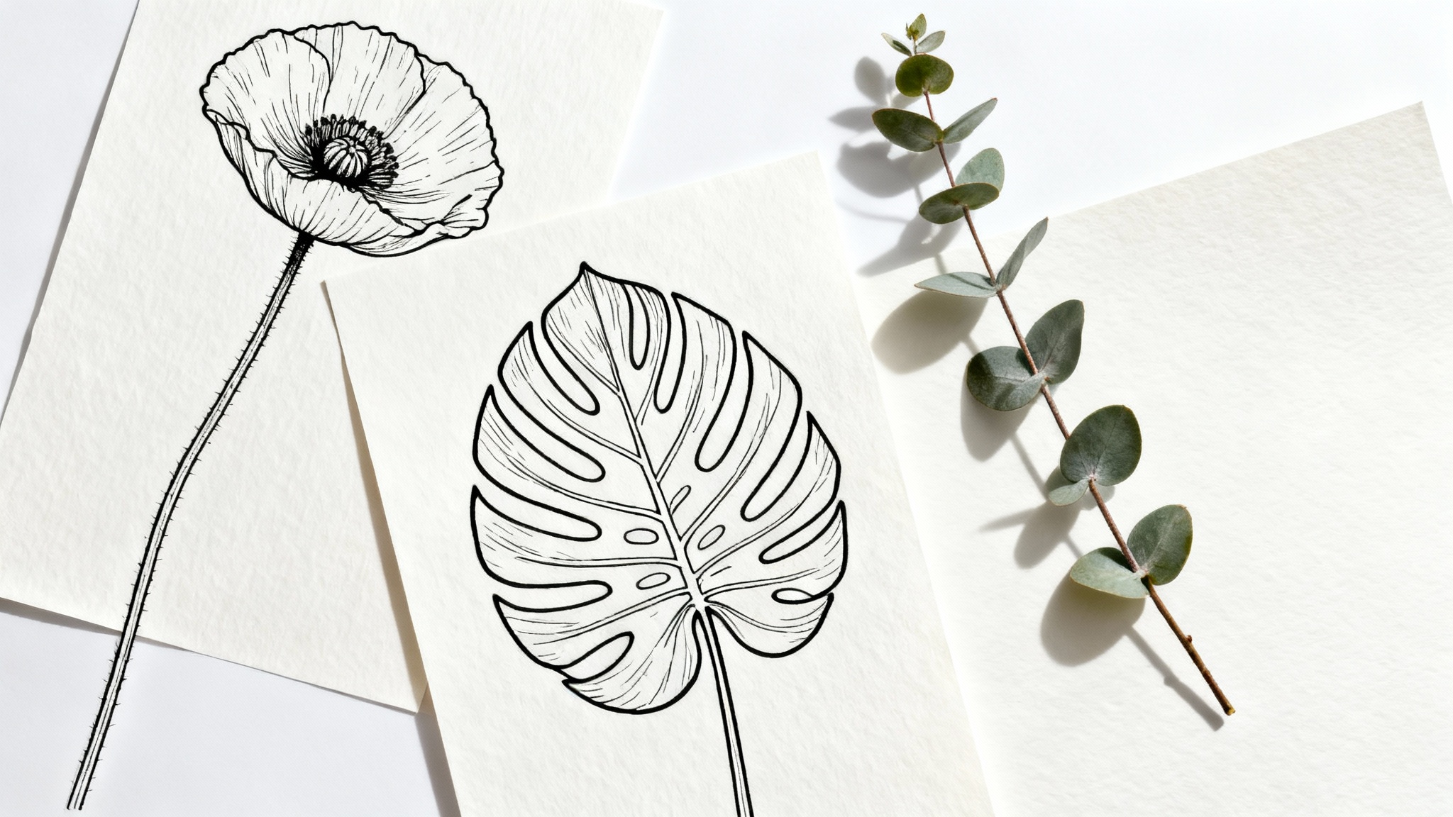 A flat lay of three minimalist botanical line drawings in black ink on textured paper. The drawings feature a poppy, a monstera leaf, and a eucalyptus branch, arranged on a pure white background.
