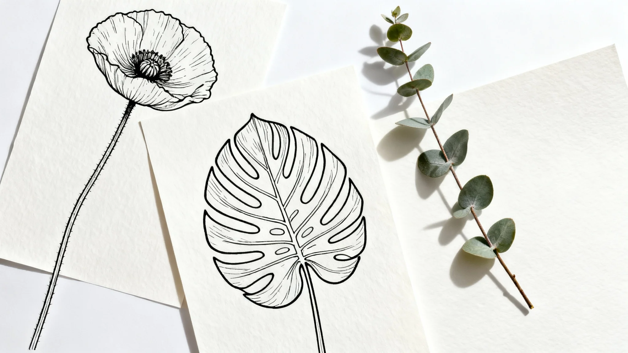 A flat lay of three minimalist botanical line drawings in black ink on textured paper. The drawings feature a poppy, a monstera leaf, and a eucalyptus branch, arranged on a pure white background.