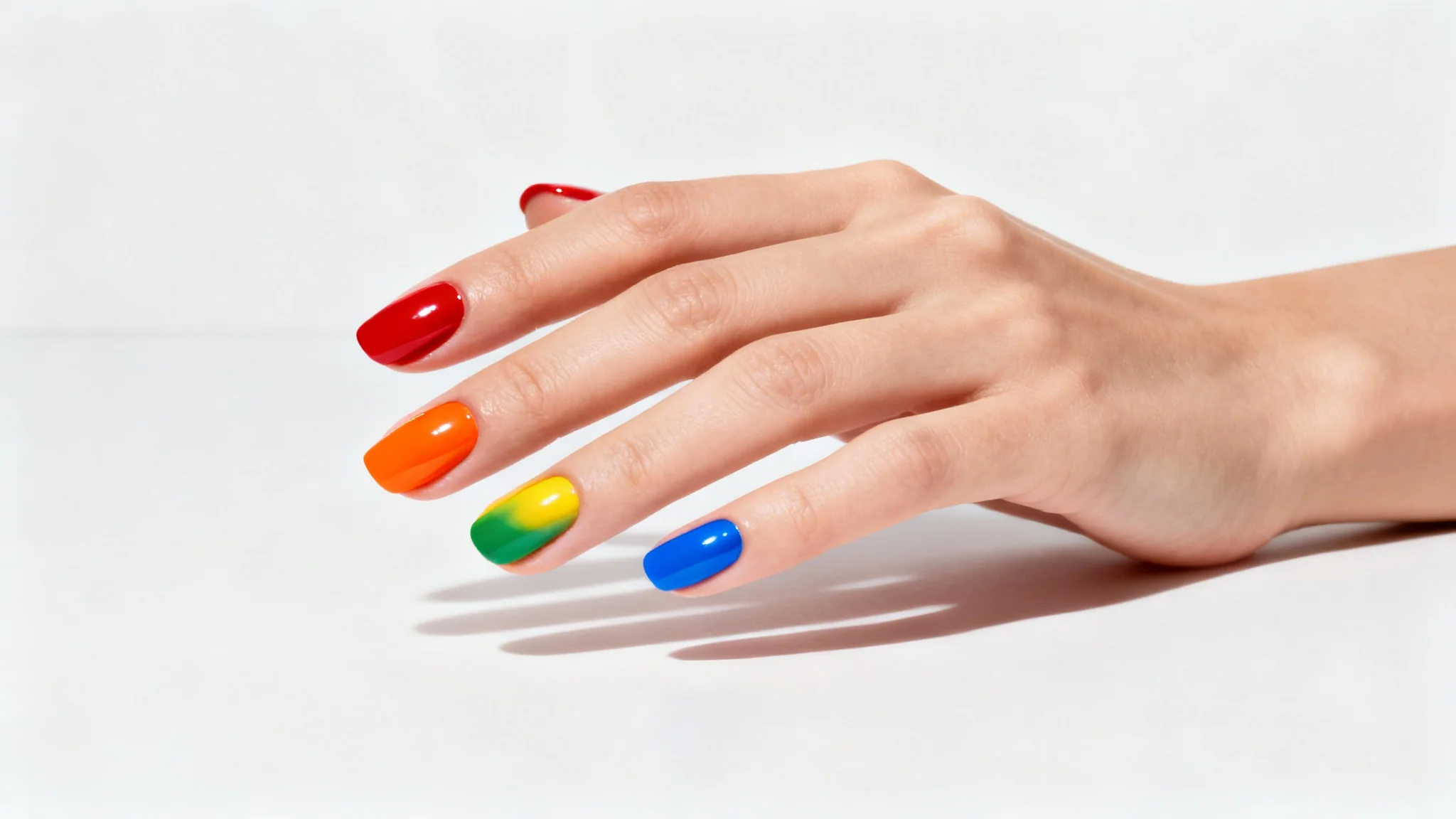 A close-up of a perfectly manicured hand with each nail painted a different vibrant, glossy color, demonstrating a nail color changing tool.