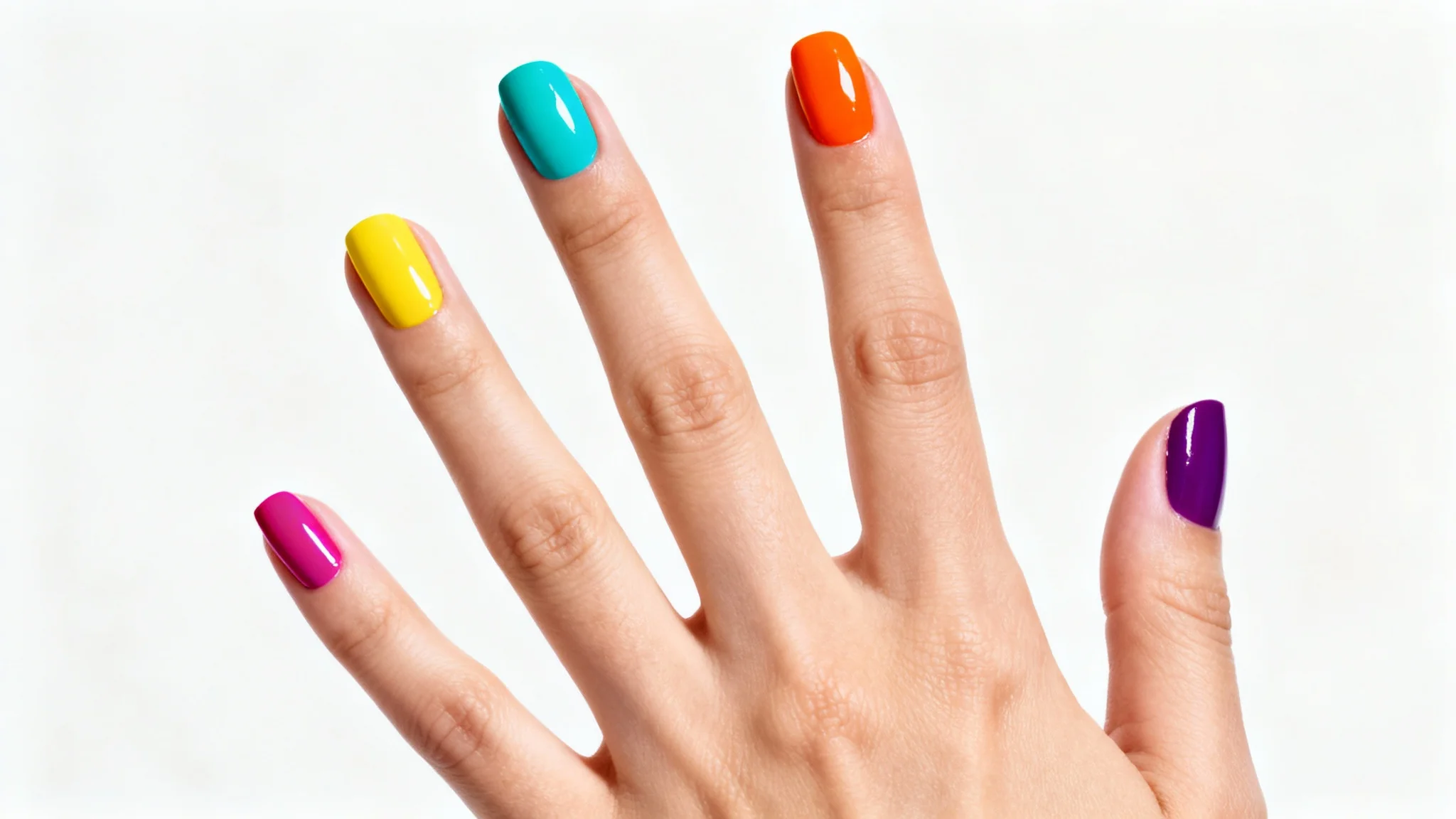 A close-up photograph of a manicured hand where each fingernail is painted a different vibrant color, resembling a rainbow, set against a clean white background.