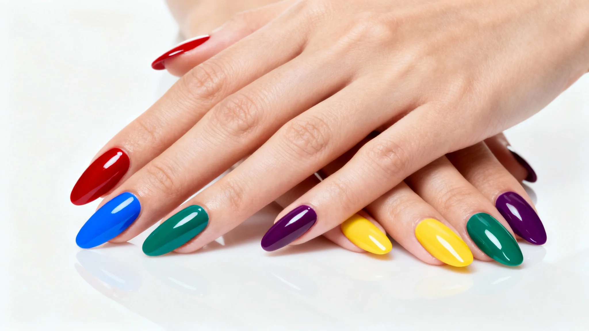 A close-up photo of a perfectly manicured hand, with each nail painted a different bright, glossy color, showcased against a plain white background to demonstrate a nail color changing feature.