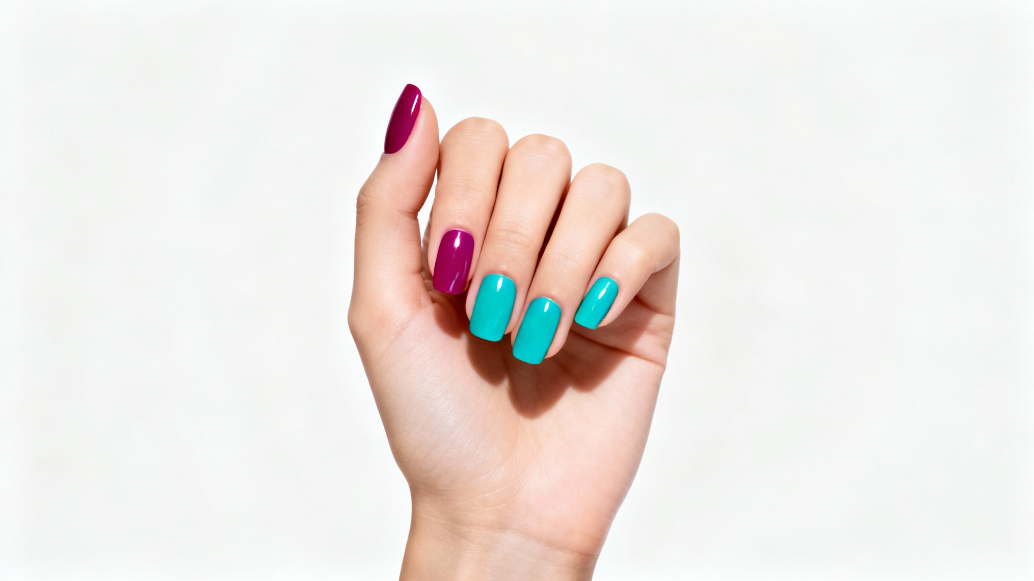 A close-up photograph of a manicured hand with each nail painted a different vibrant color in a rainbow sequence, set against a stark white background.