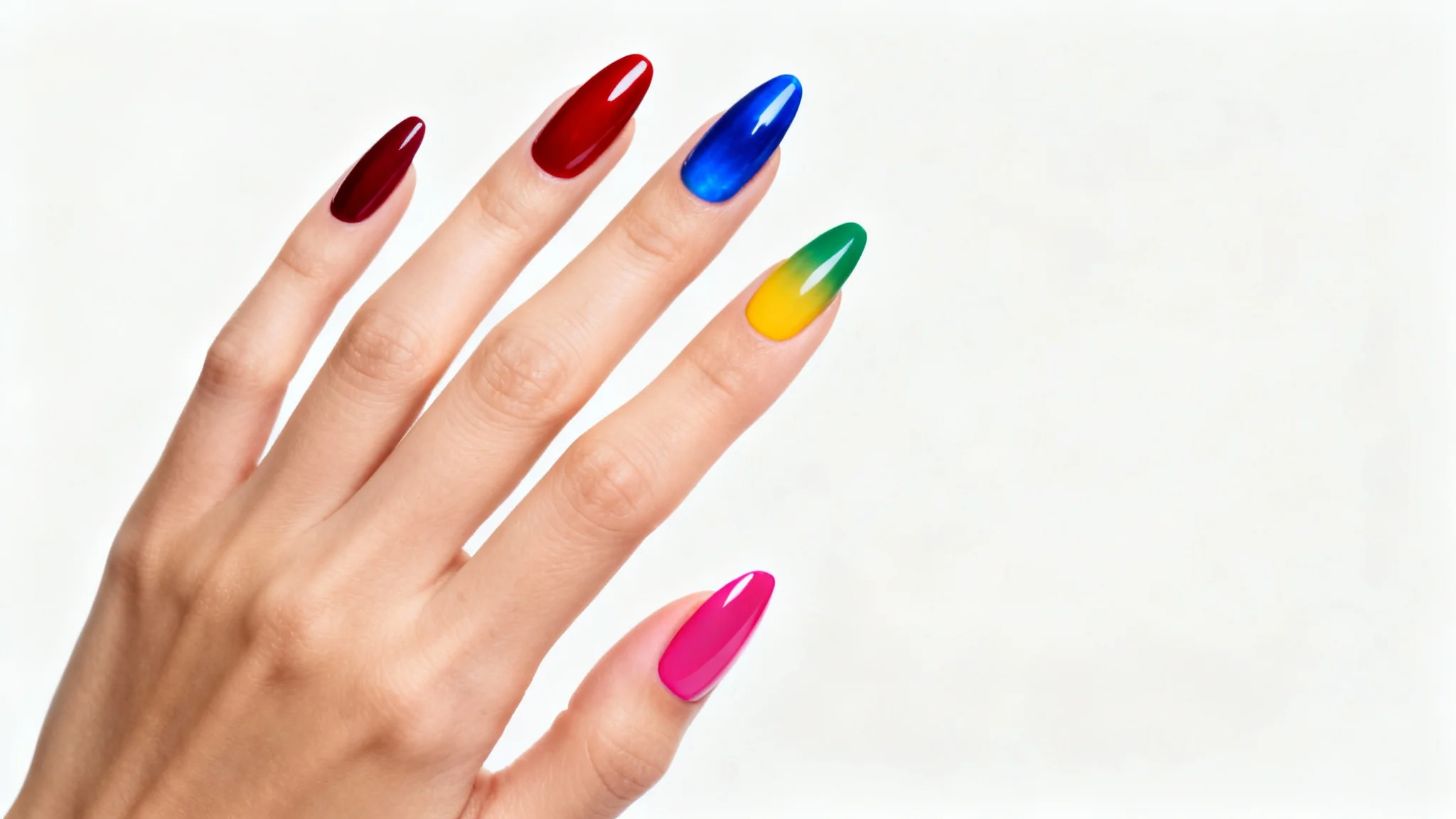 A close-up photograph of a perfectly manicured hand against a white background, with each nail painted a different vibrant color: red, blue, yellow, green, and pink.