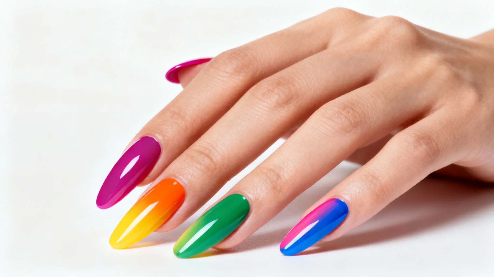 A close-up of a perfectly manicured hand with each nail painted a different vibrant color of the rainbow, showcasing a nail color changing effect against a clean white background.