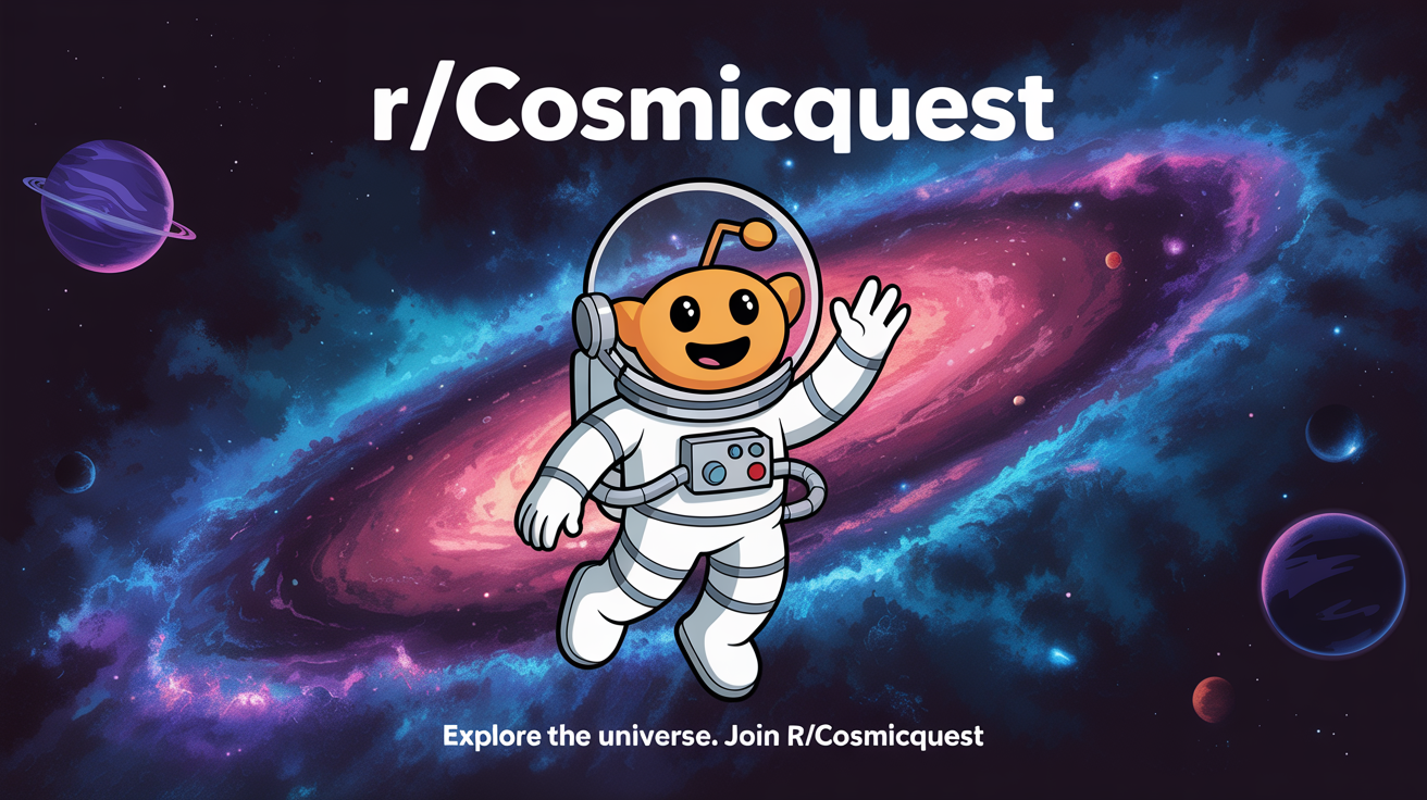 A finished Reddit banner for a space-themed gaming community called 'r/CosmicQuest', featuring a Reddit Snoo in an astronaut suit against a colorful nebula background.