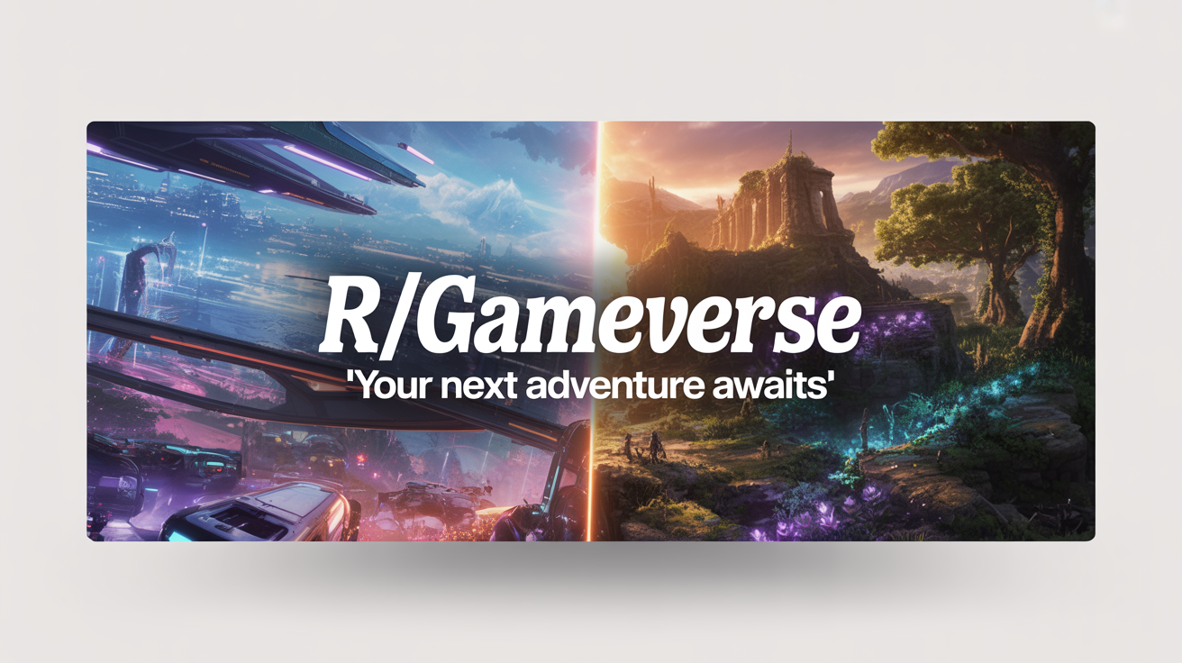 A mockup of a Reddit banner for a gaming subreddit called 'r/GameVerse', showing a split design of a futuristic city and a magical forest, displayed on a plain white background.