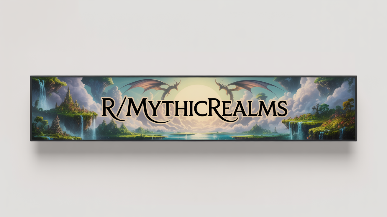 A mockup of a Reddit banner for a fictional subreddit called 'r/MythicRealms', featuring a fantasy landscape with floating islands and dragons.
