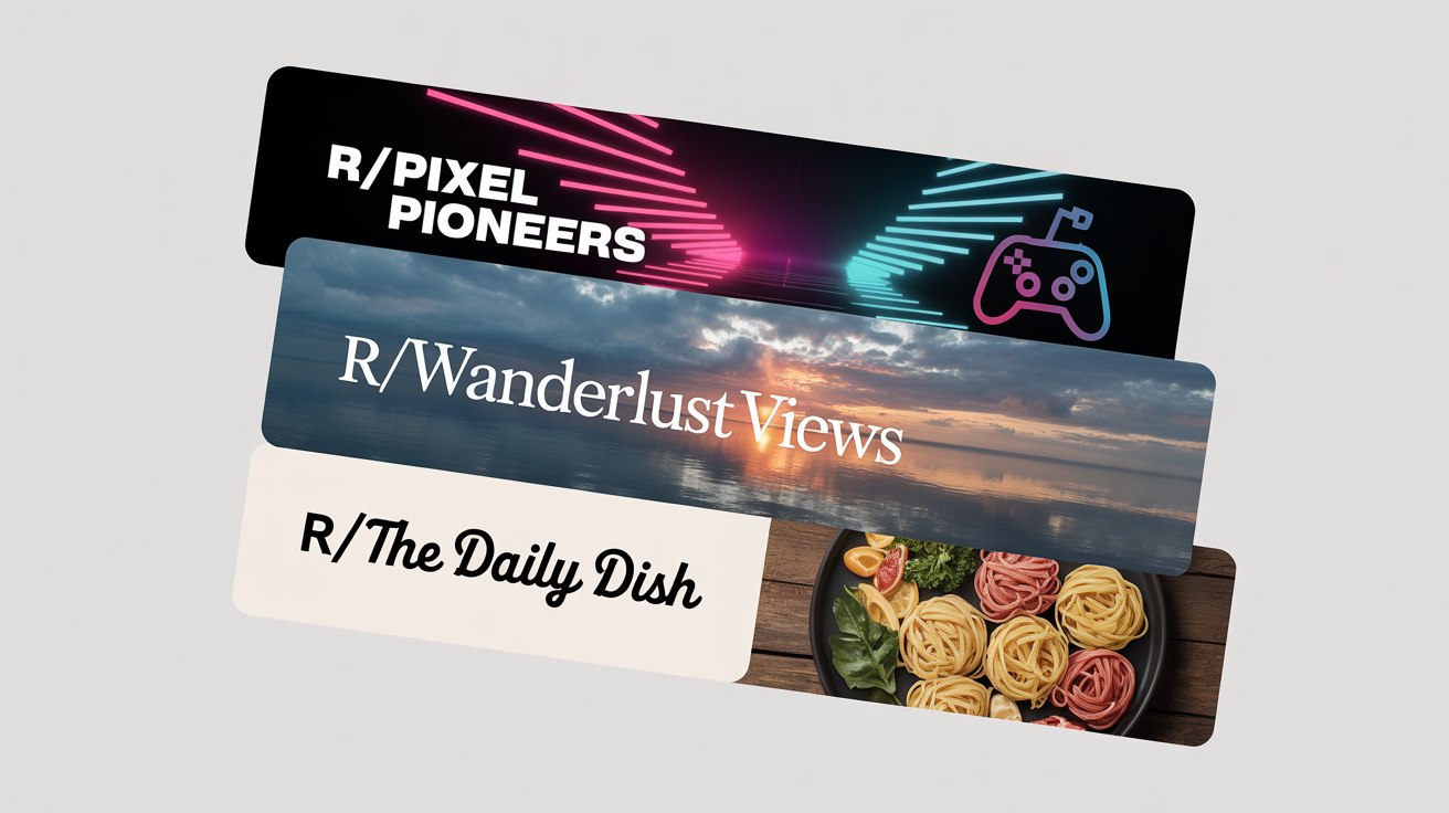 A mockup of three different Reddit banner designs displayed against a white background. The banners are for a gaming community, a nature photography community, and a cooking community.