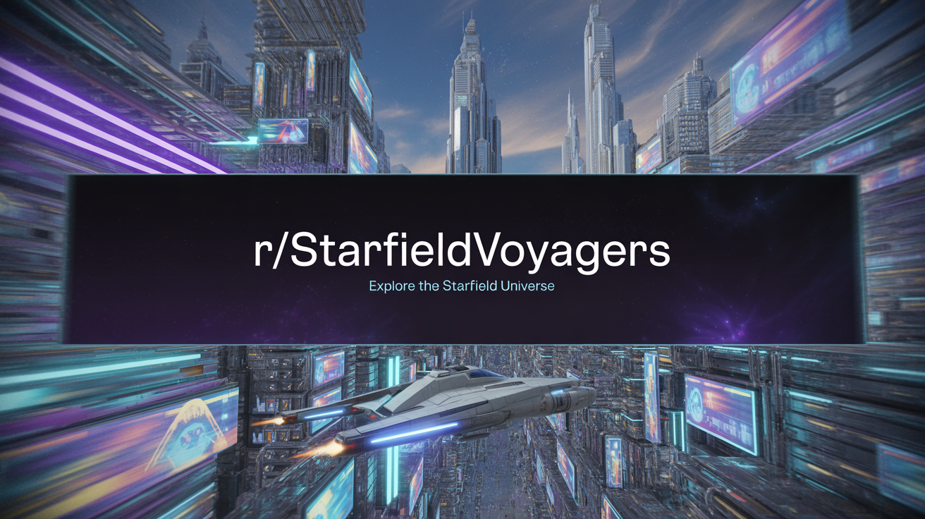 A sci-fi Reddit banner mockup for a community called 'r/StarfieldVoyagers', showing a futuristic city at night with a starship flying between skyscrapers.