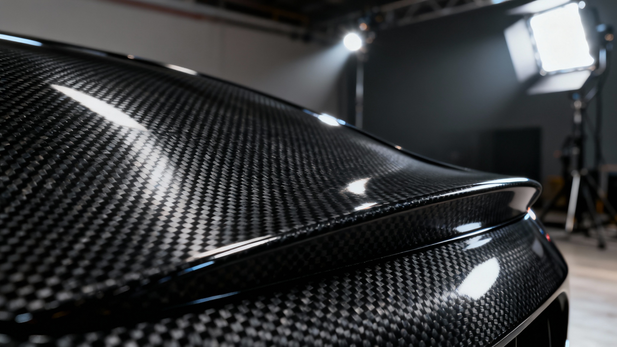 A close-up, high-resolution image of a glossy black carbon fiber surface with a distinct, uniform weave pattern, reflecting light.