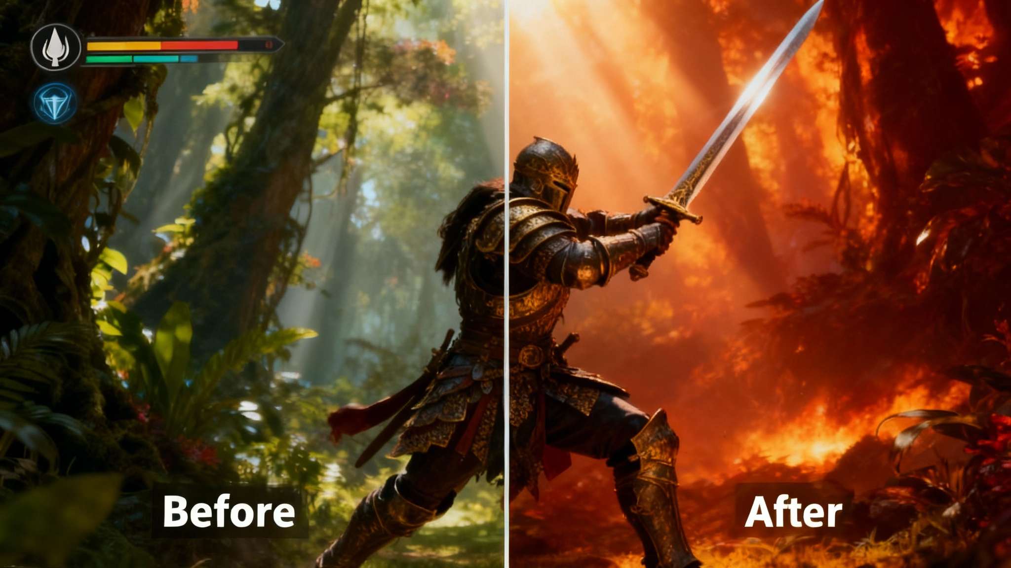 A split-screen comparison showing a video game screenshot enhancer. The 'before' image on the left has game interface elements, while the 'after' image on the right has these elements removed and features dramatically enhanced colors and lighting.