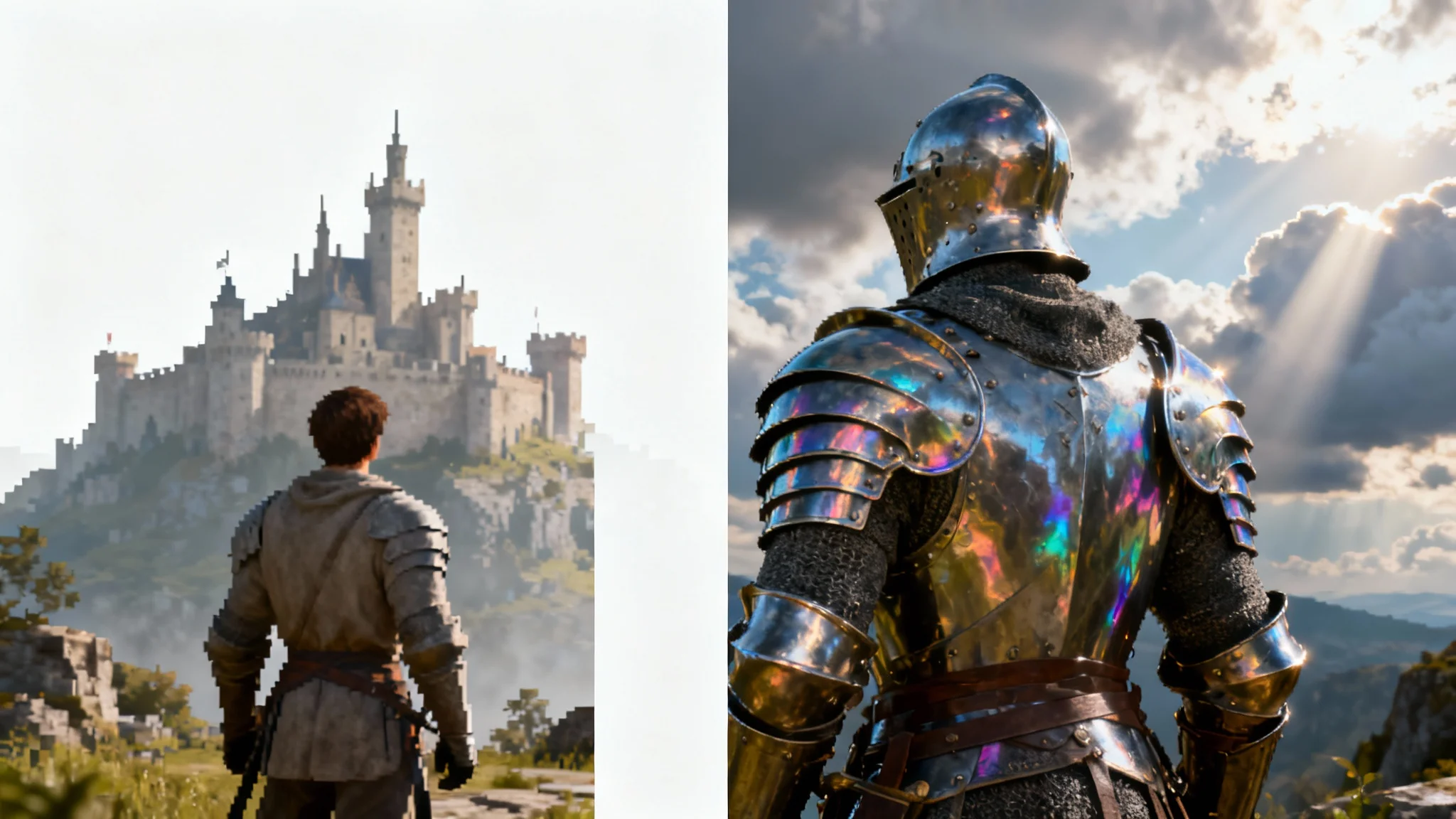 A split-screen comparison showing the effect of a screenshot enhancer. The left side is a low-quality video game screenshot of a knight, while the right side shows the same scene enhanced with ultra-realistic graphics, vibrant colors, and cinematic lighting.