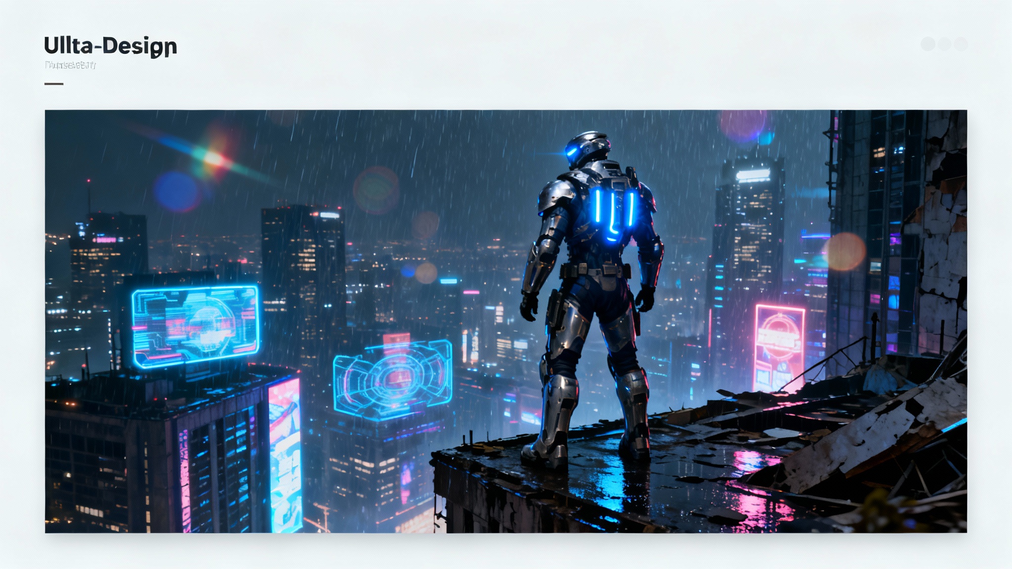 An enhanced, hyper-realistic video game screenshot of a futuristic soldier in an exosuit overlooking a neon-lit cyberpunk city from a skyscraper at night.