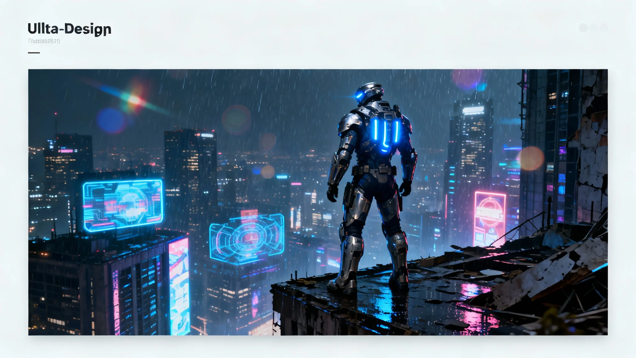 An enhanced, hyper-realistic video game screenshot of a futuristic soldier in an exosuit overlooking a neon-lit cyberpunk city from a skyscraper at night.
