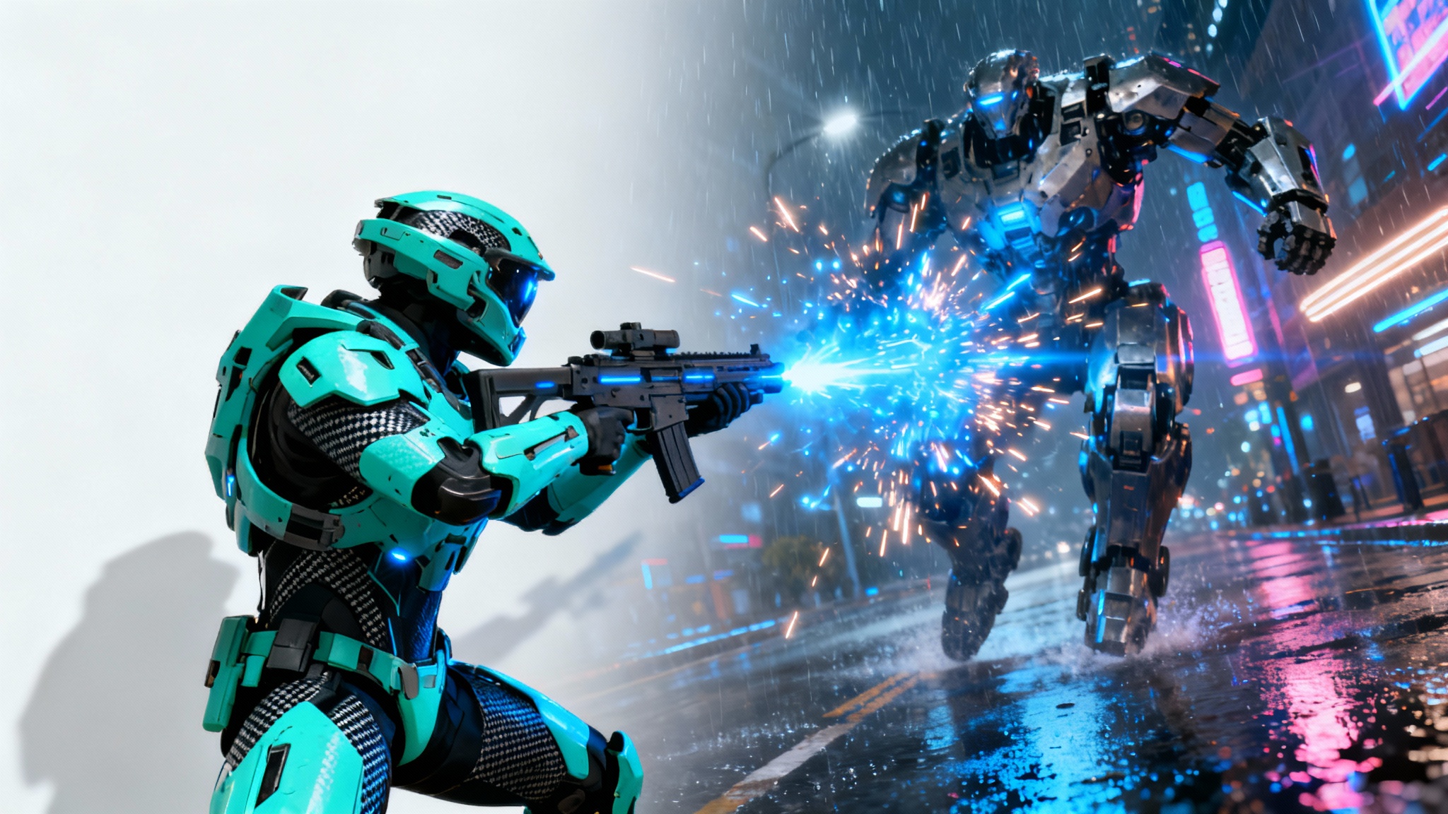 An enhanced, ultra-realistic video game screenshot of a sci-fi soldier in glowing armor fighting a robot in a neon-lit cyberpunk city, presented against a white background.