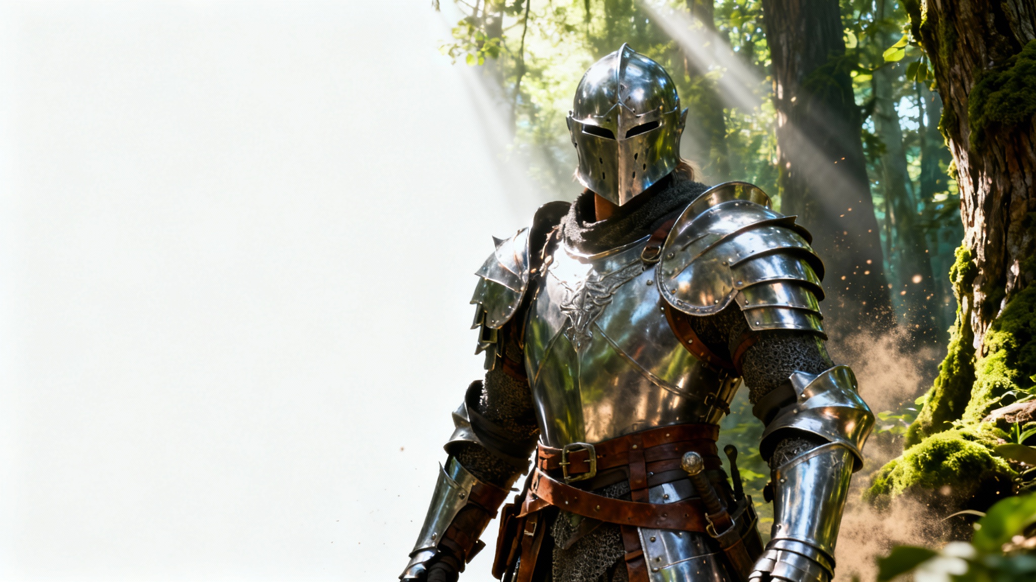 An enhanced, cinematic video game screenshot showing a hyper-detailed fantasy warrior in a forest, demonstrating the visual improvements from a screenshot enhancer.