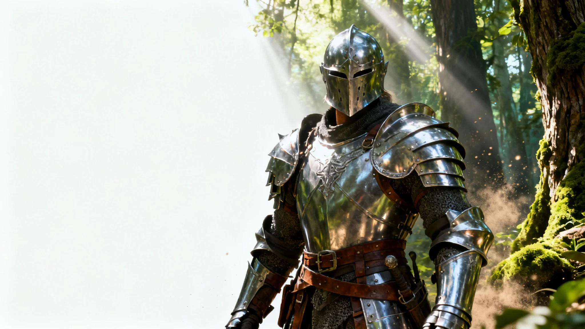 An enhanced, cinematic video game screenshot showing a hyper-detailed fantasy warrior in a forest, demonstrating the visual improvements from a screenshot enhancer.