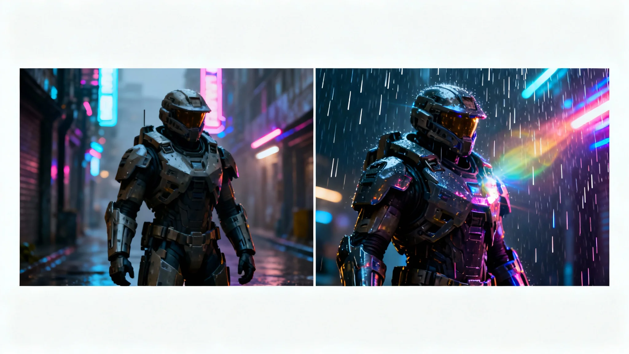 A split-screen image demonstrating a screenshot enhancer. The left side shows a standard, blurry sci-fi game screenshot. The right side shows the same scene enhanced to be hyper-realistic, with vibrant cinematic lighting, sharp details, and rain effects.