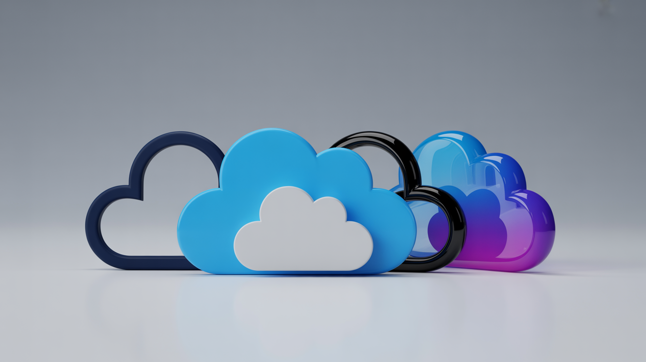 A professional showcase of four different cloud upload icon designs on a light background. The icons are in minimalist outline, flat design, gradient, and glossy 3D styles, representing the high-quality final results from a design tool.