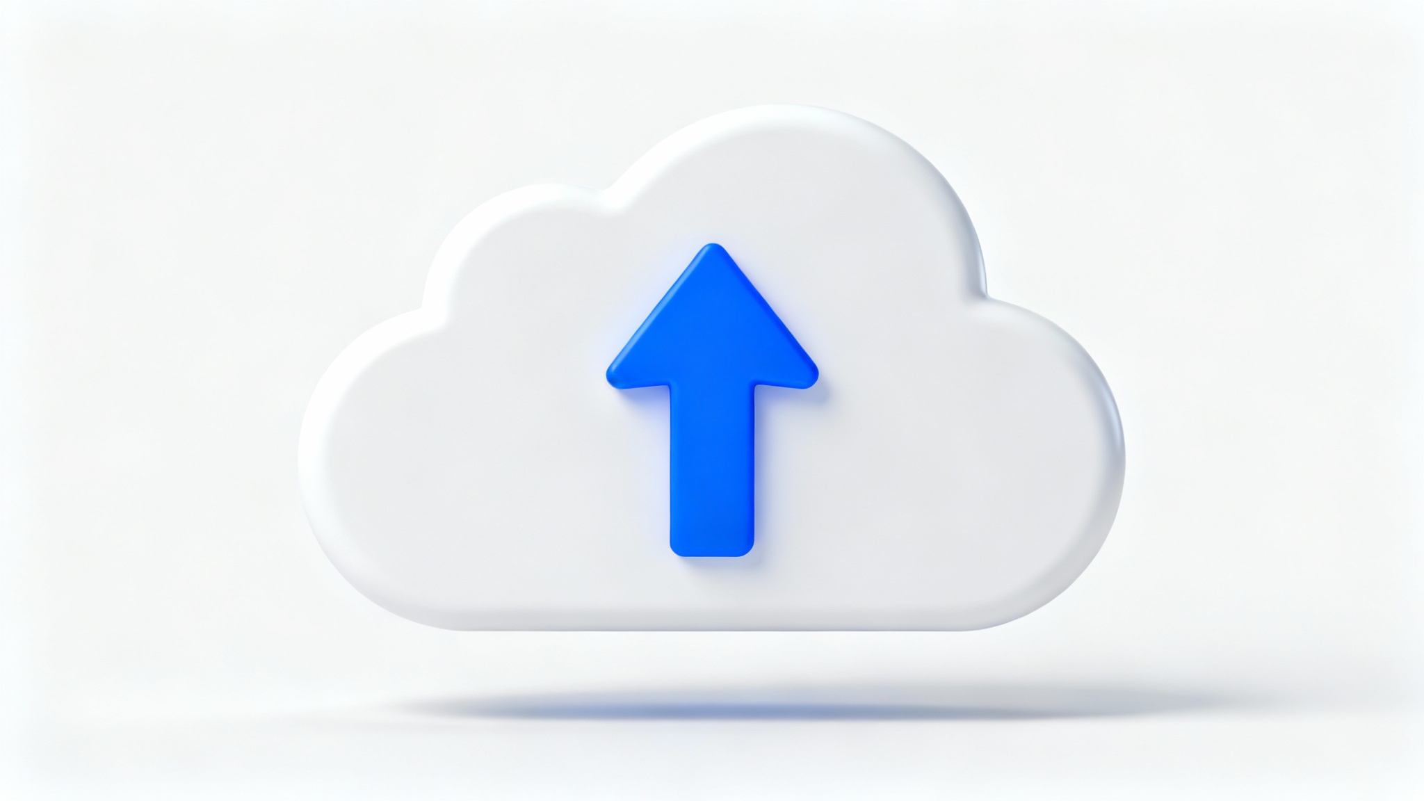 A modern 3D icon of a white cloud with a blue upward-pointing arrow, symbolizing a cloud upload, set against a plain white background.