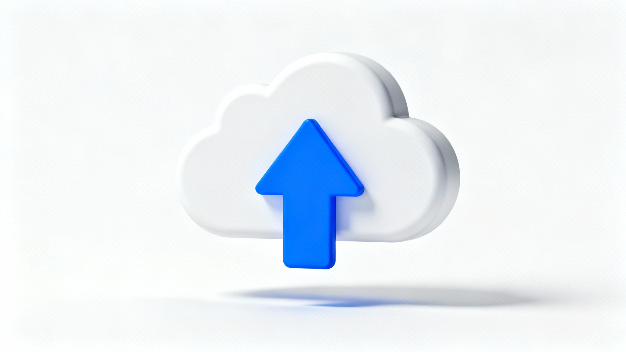 A modern, 3D icon of a cloud upload, featuring a white cloud and a blue upward-pointing arrow, set against a clean white background.