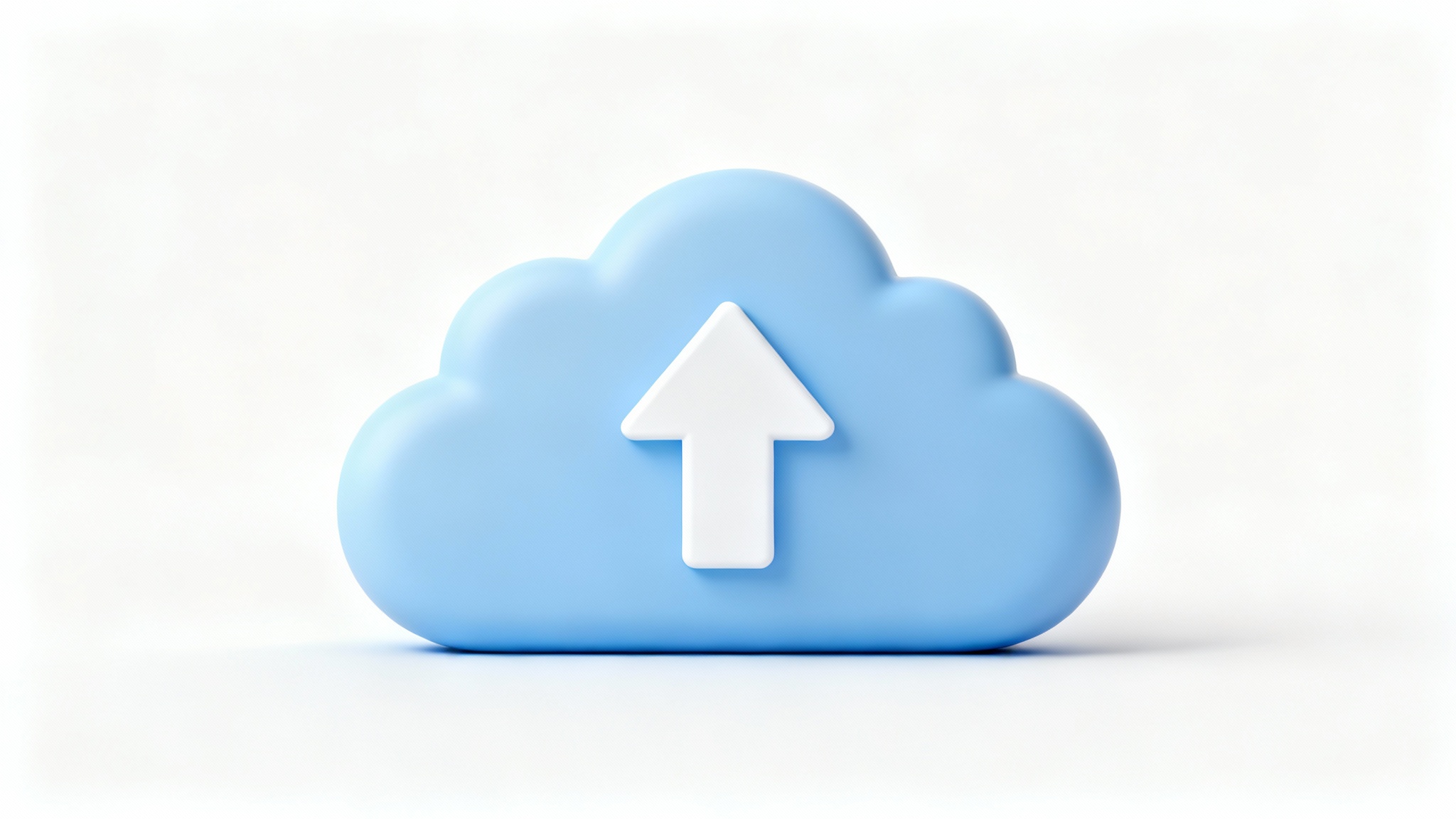 A modern 3D icon of a light blue cloud with a white upward-pointing arrow in its center, representing a cloud upload, set against a white background.