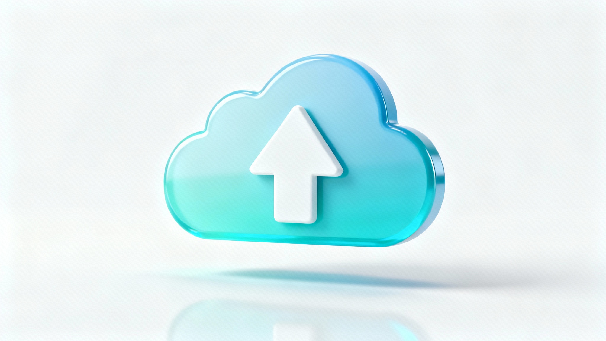 A modern 3D icon showing a glossy blue cloud with a white upward arrow, symbolizing a cloud upload, on a white background.