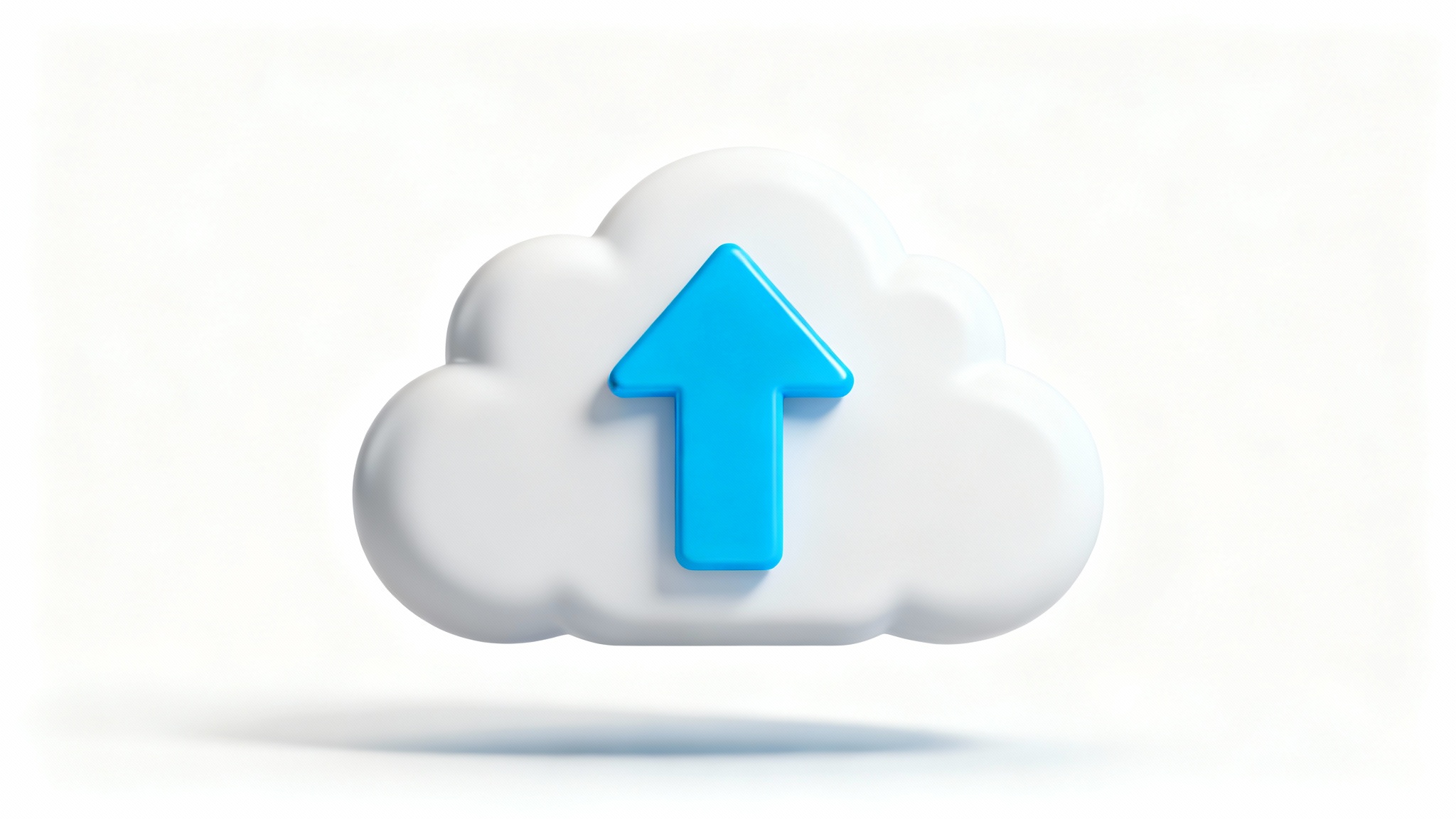 A 3D icon of a white cloud with a blue upward-pointing arrow inside it, symbolizing a cloud upload, on a white background.