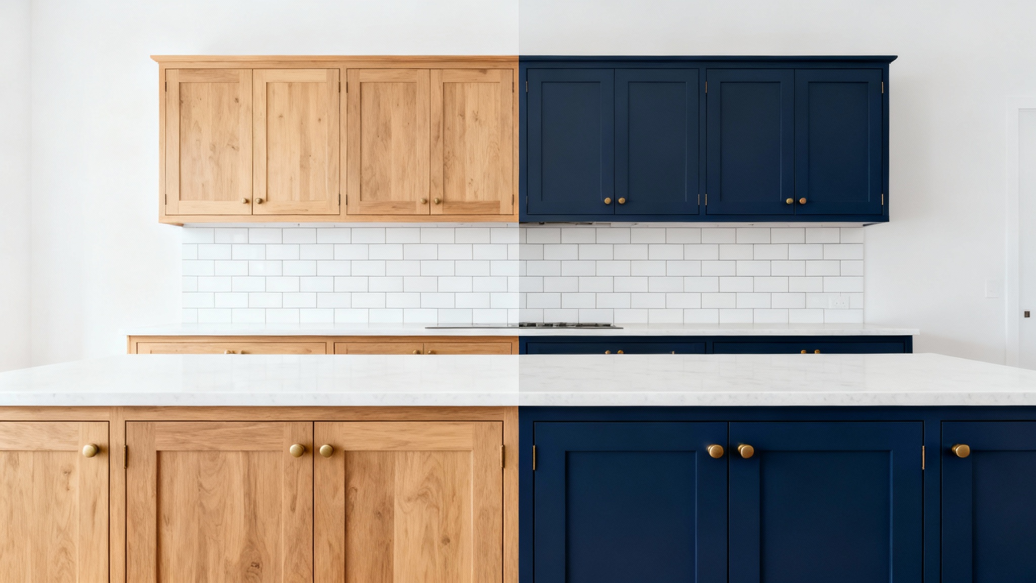 A modern kitchen with cabinets split into two colors: natural oak wood on the left and deep navy blue paint on the right, demonstrating a cabinet paint visualizer concept.