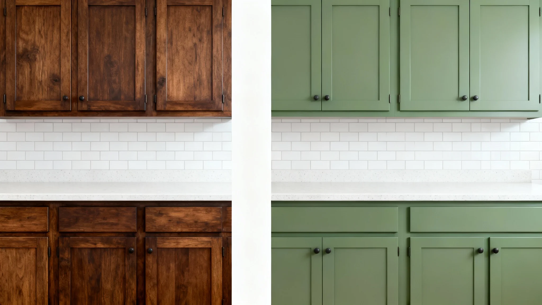 A split-image of kitchen cabinets, with the left side showing a dark wood finish and the right side showing the same cabinets painted a modern sage green, demonstrating a paint visualizer tool.