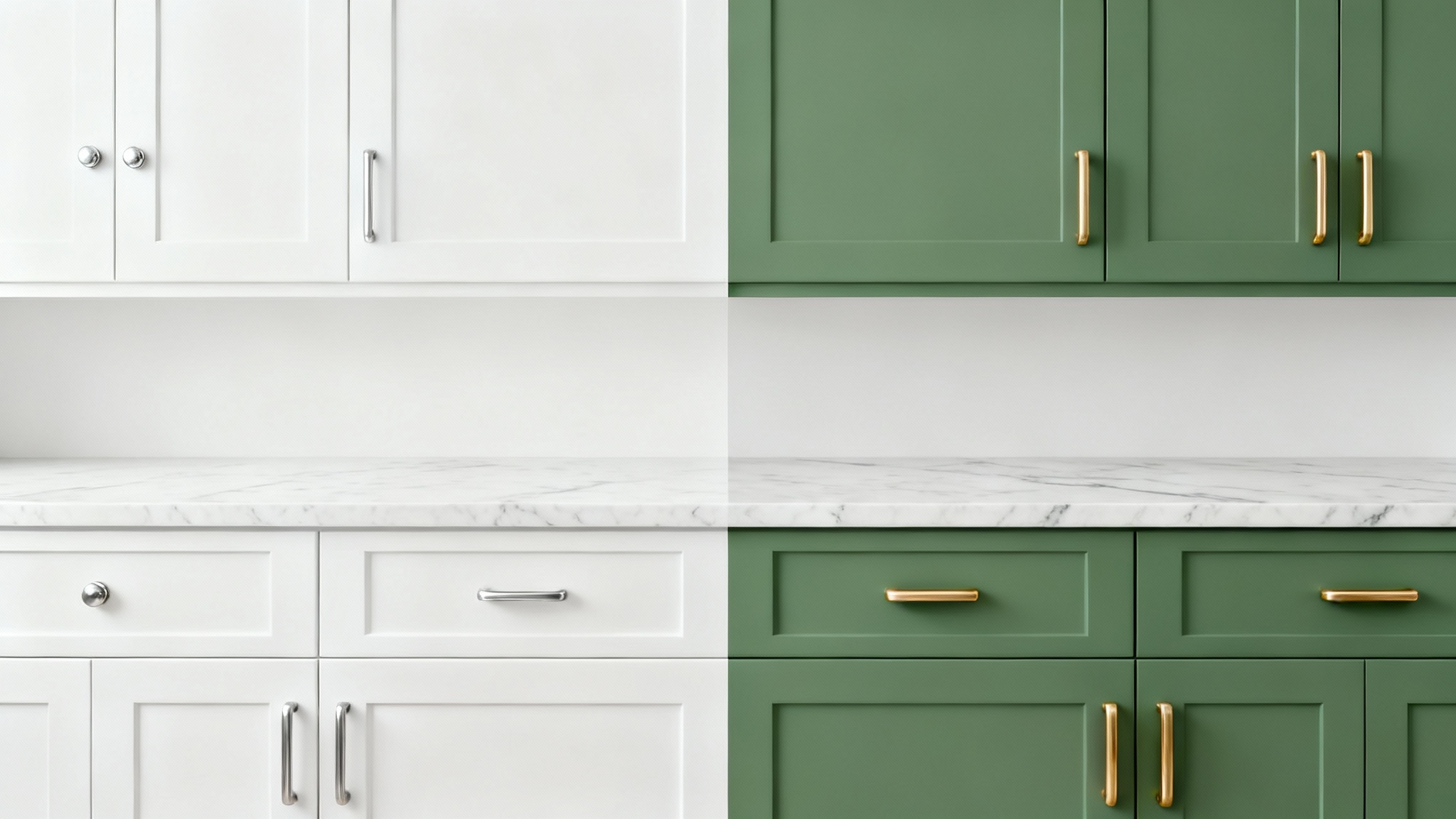 A split-screen image showcasing kitchen cabinets. The left side has white cabinets, and the right side shows the same cabinets painted a modern sage green, demonstrating a paint visualizer.