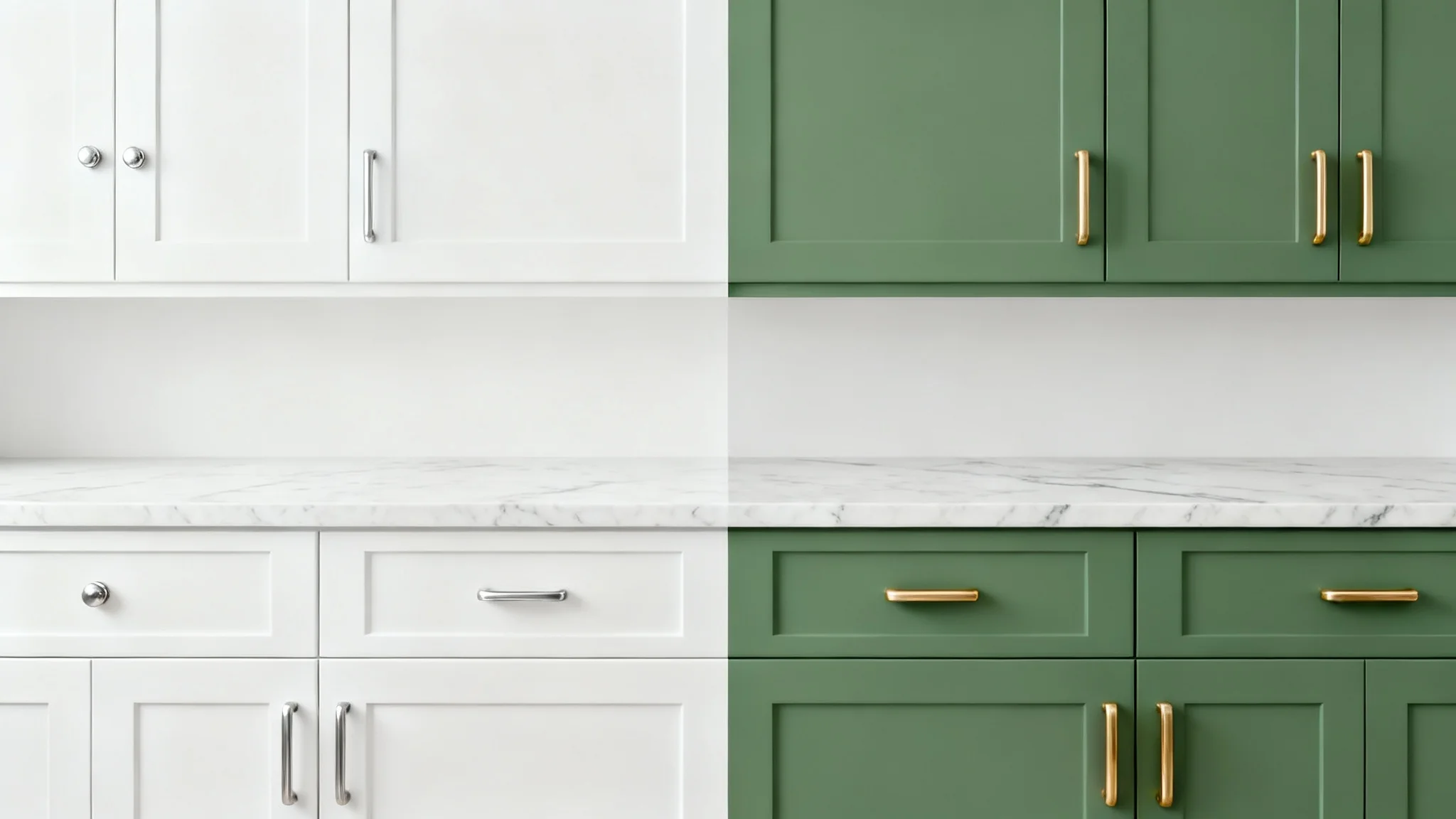 A split-screen image showcasing kitchen cabinets. The left side has white cabinets, and the right side shows the same cabinets painted a modern sage green, demonstrating a paint visualizer.