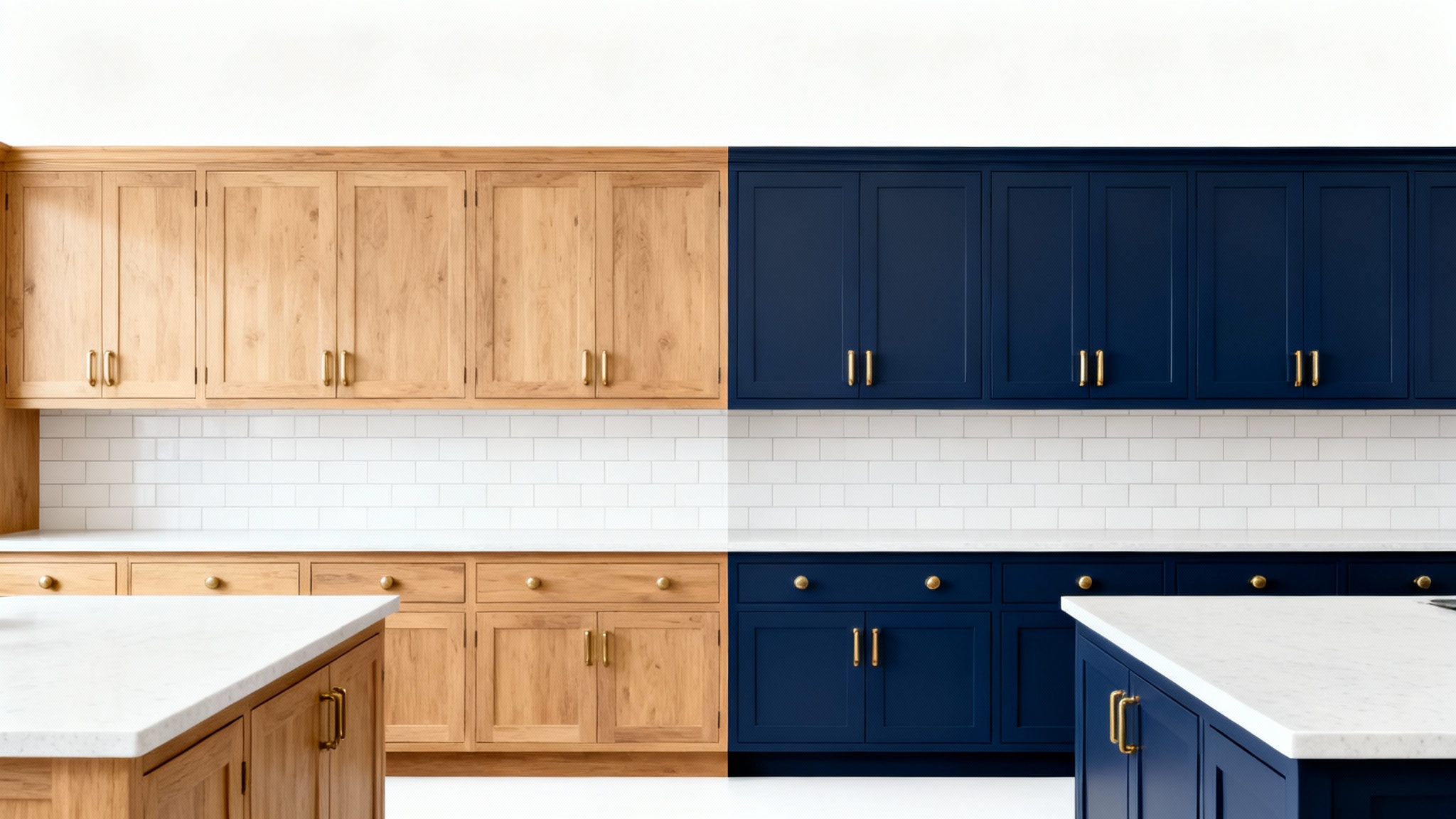 A split-view mockup of a kitchen showcasing a cabinet paint visualizer, with one side showing light oak cabinets and the other showing the same cabinets in navy blue.