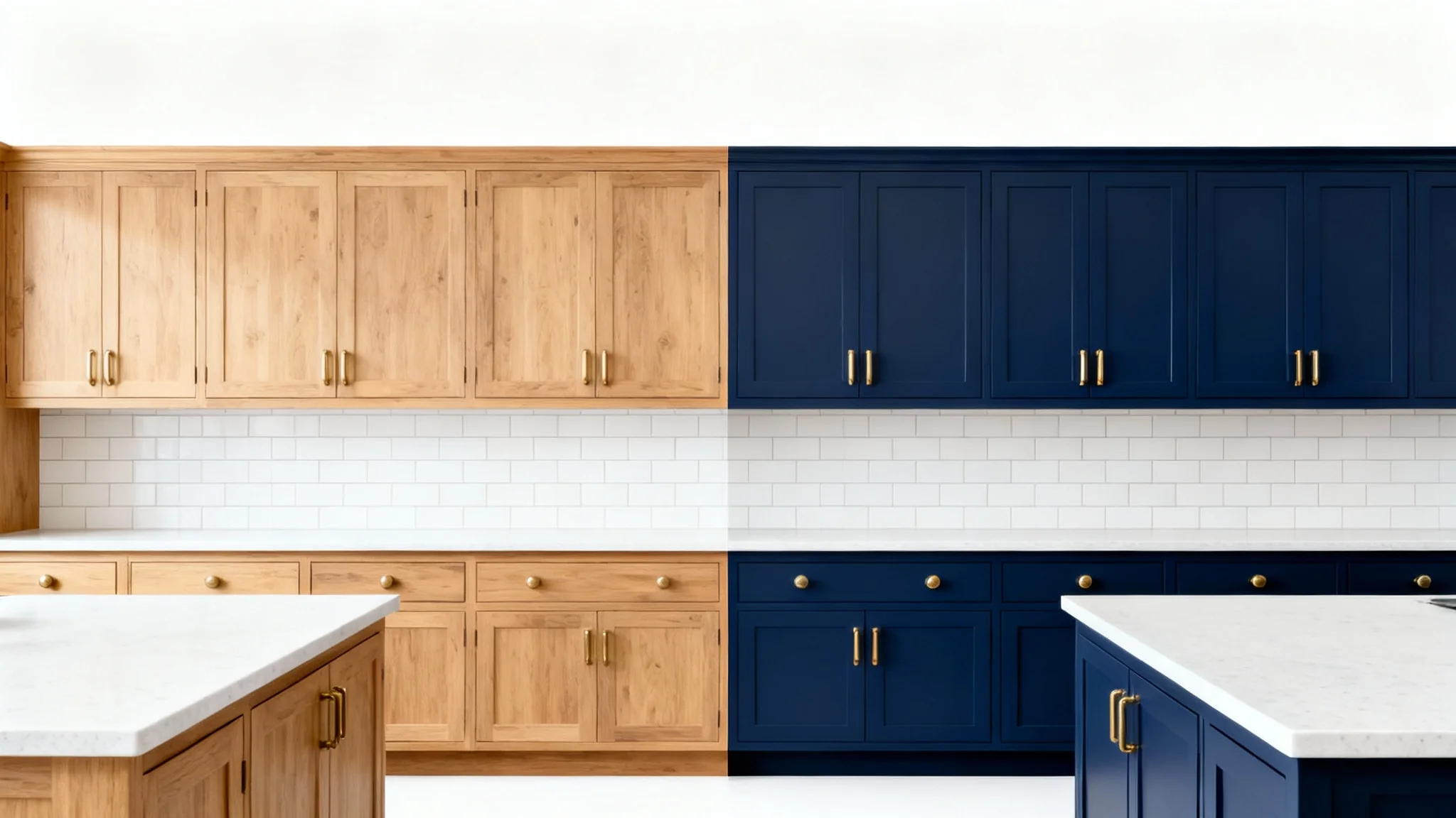 A split-view mockup of a kitchen showcasing a cabinet paint visualizer, with one side showing light oak cabinets and the other showing the same cabinets in navy blue.