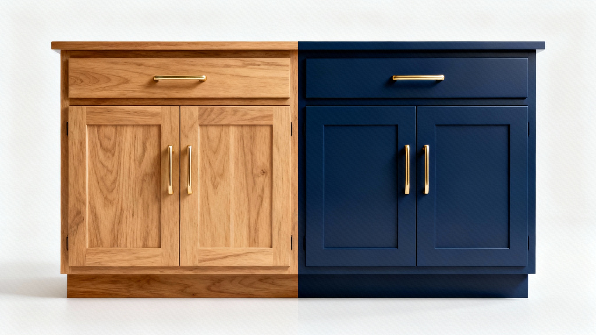 A split-view image of kitchen cabinets. The left side shows them as natural oak wood, and the right side shows them painted a stylish navy blue, demonstrating the effect of a cabinet paint visualizer.