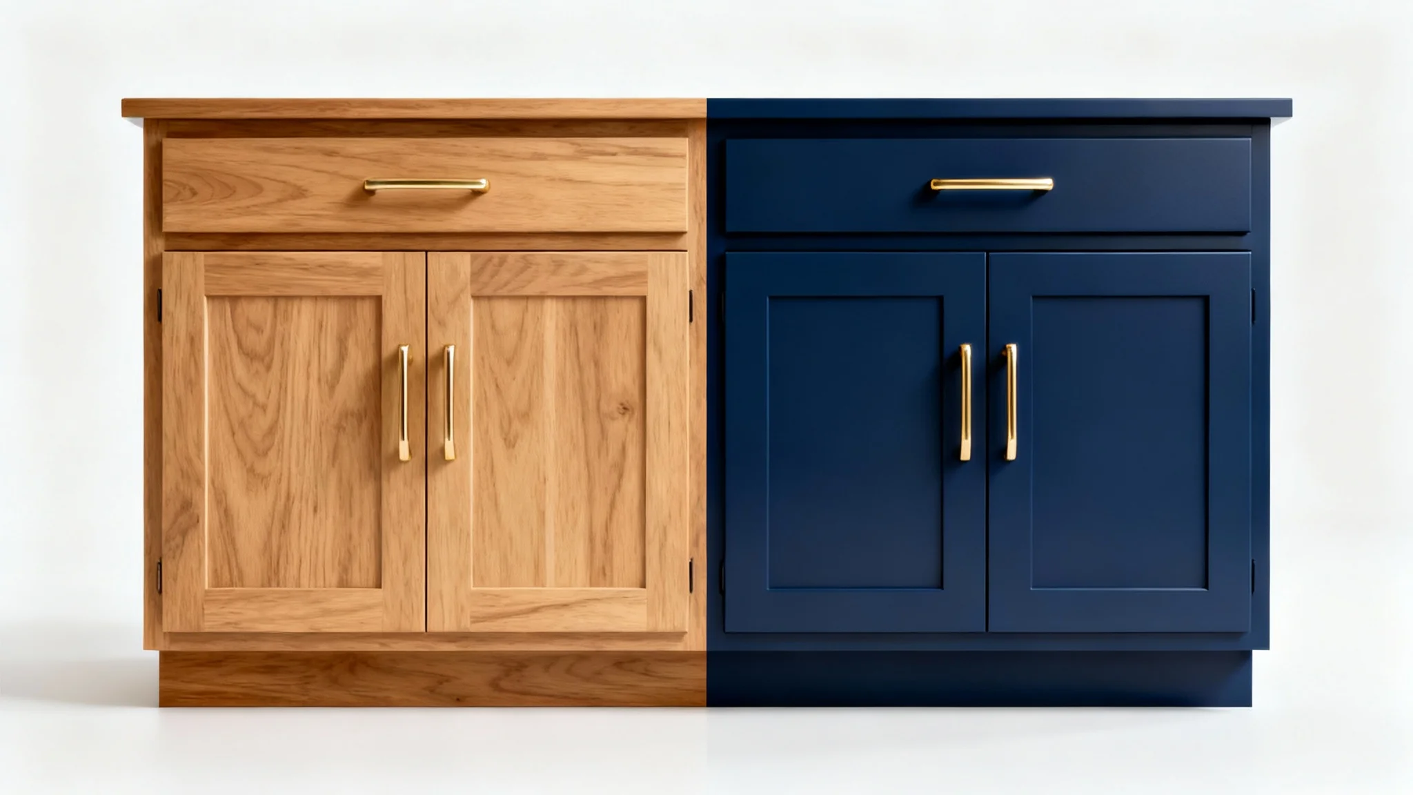 A split-view image of kitchen cabinets. The left side shows them as natural oak wood, and the right side shows them painted a stylish navy blue, demonstrating the effect of a cabinet paint visualizer.