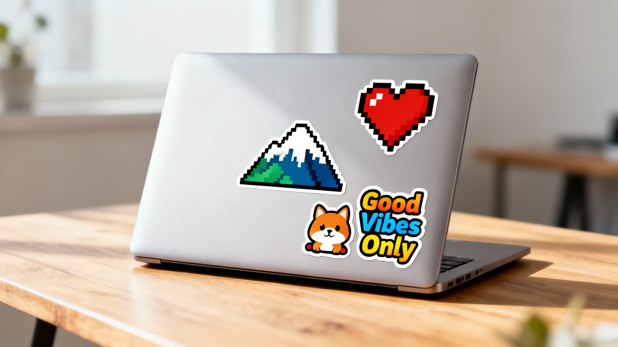 The back of a modern laptop beautifully decorated with several custom vinyl stickers, sitting on a clean desk.