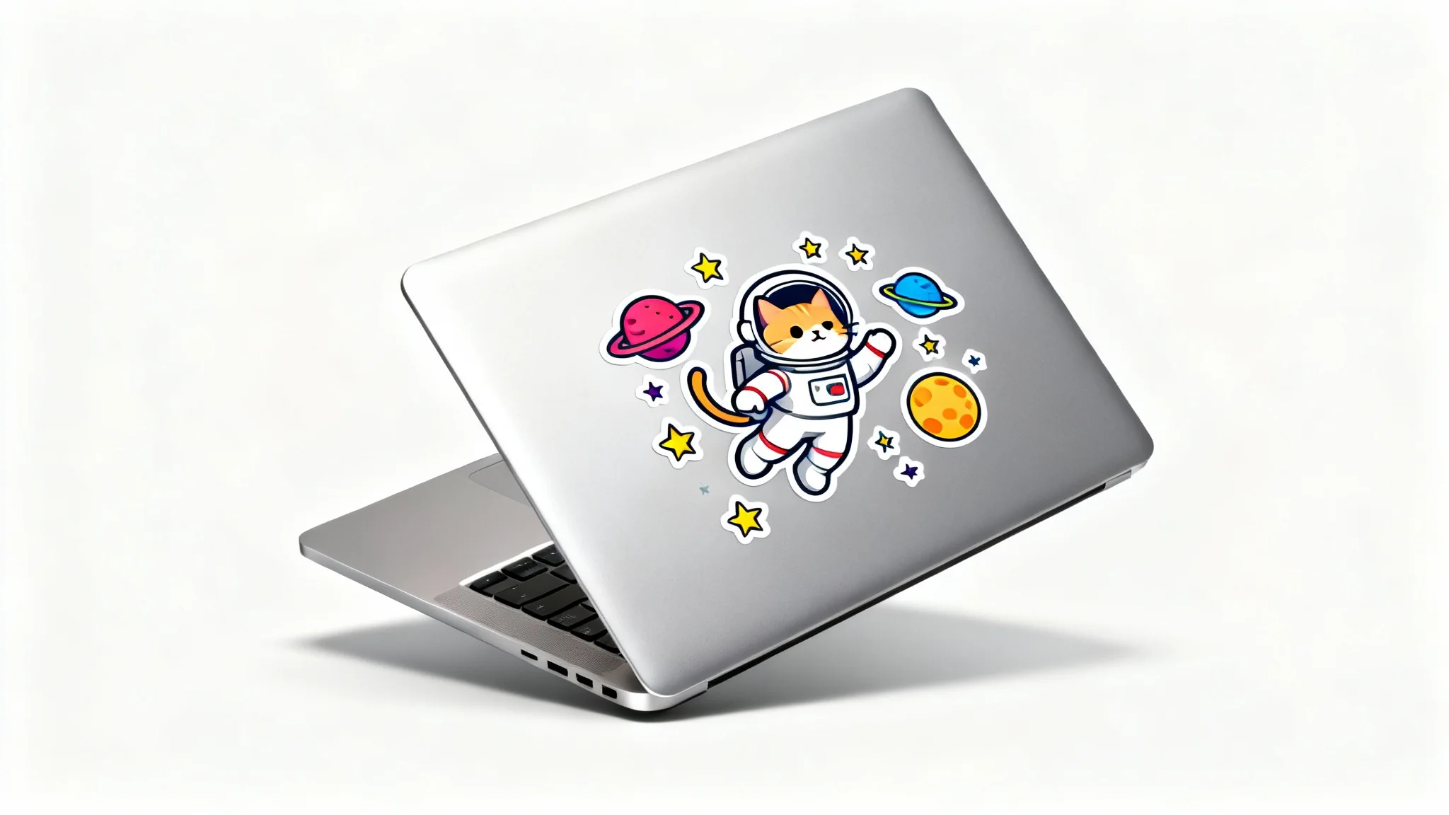 A modern silver laptop on a white background, featuring a colorful and cute sticker of an astronaut cat in space on its lid.