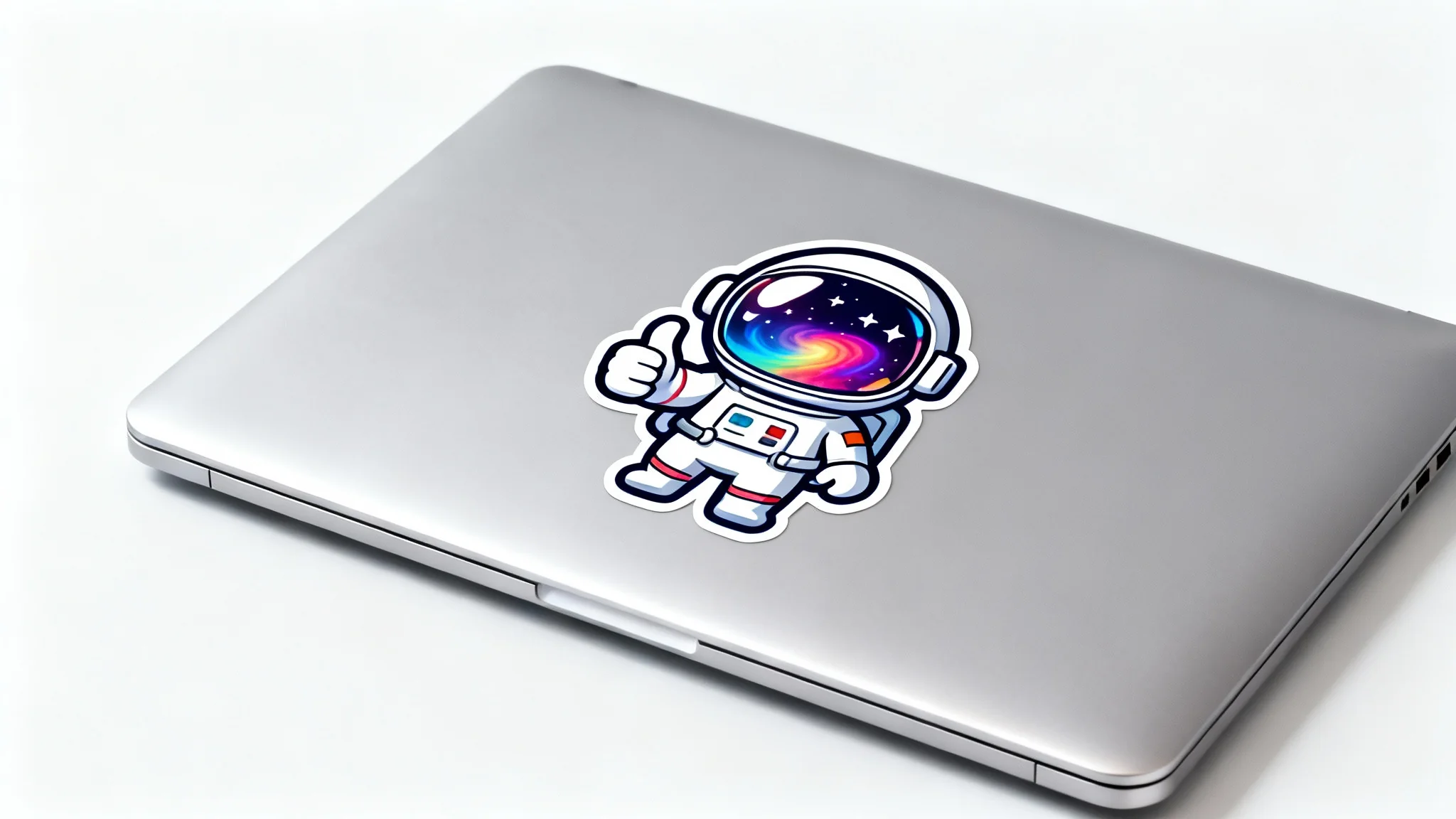 A cute cartoon astronaut sticker on the lid of a modern silver laptop, shown in a clean product mockup against a white background.