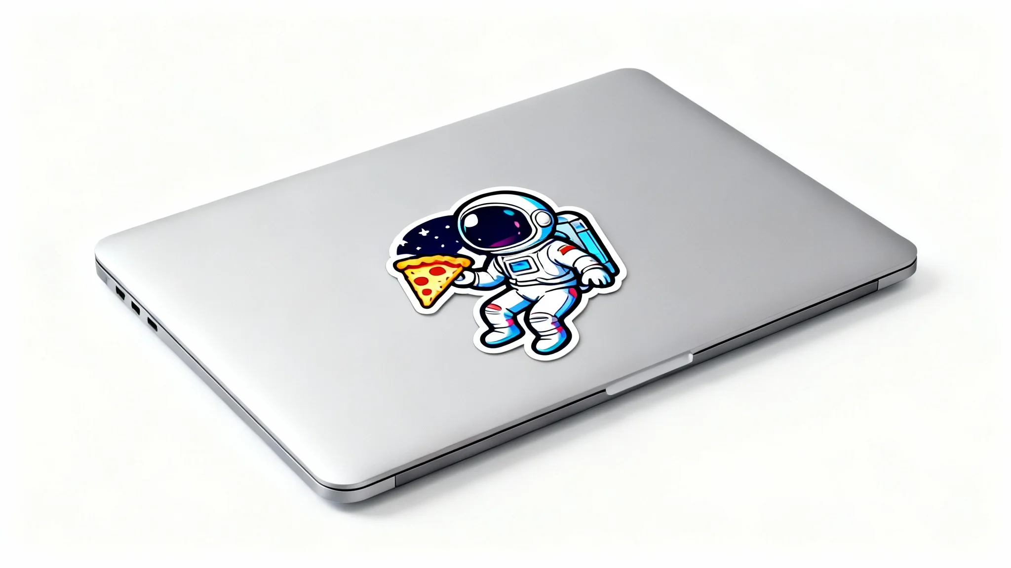 A photorealistic mockup of a sleek silver laptop with a glossy, die-cut sticker of a cartoon astronaut eating pizza in space, set against a plain white background.